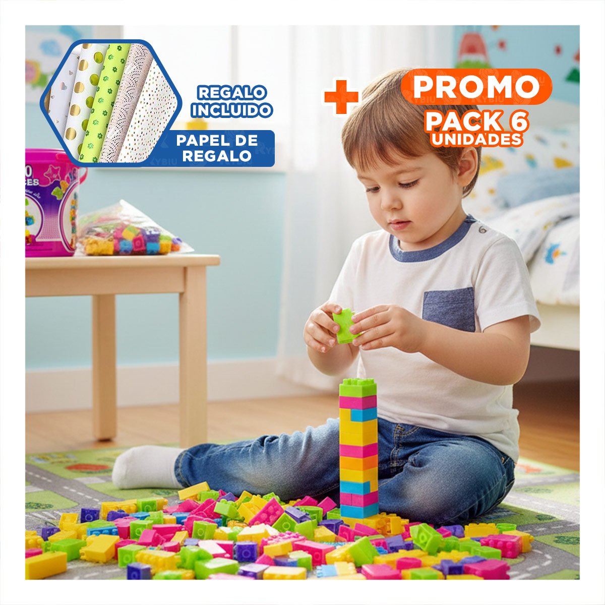 PACK6 BLOQUES DE USO INFANTIL 100 PIEZAS MULTICOLOR ROSADO EN BALDE Y+PAPEL REGALO - 1