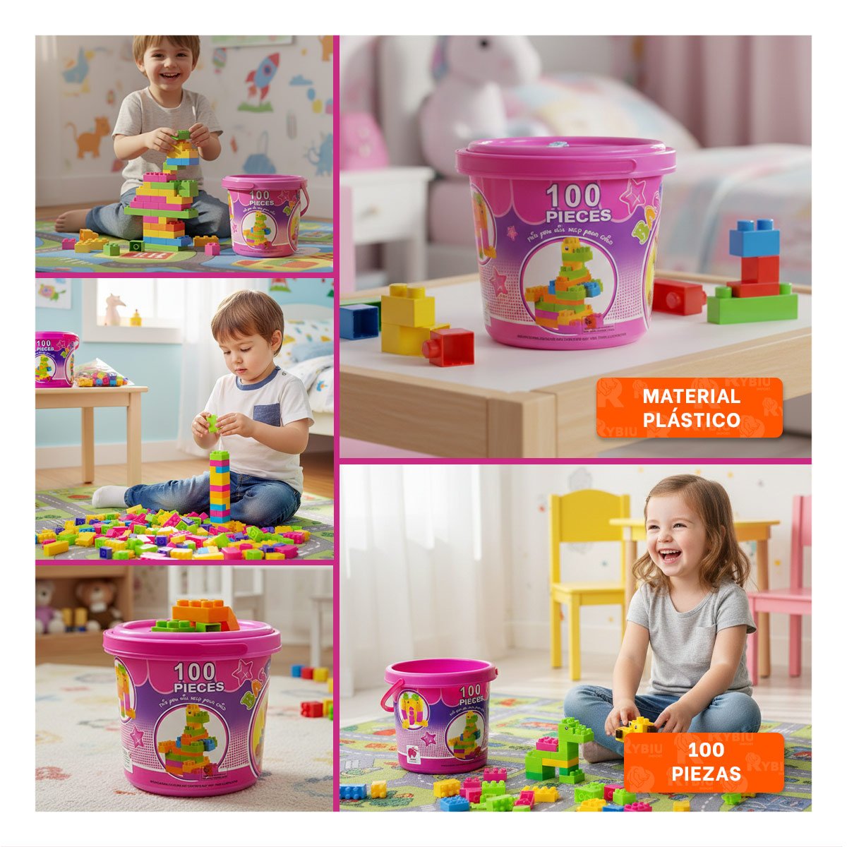 PACK6 BLOQUES DE USO INFANTIL 100 PIEZAS MULTICOLOR ROSADO EN BALDE Y+PAPEL REGALO - 3