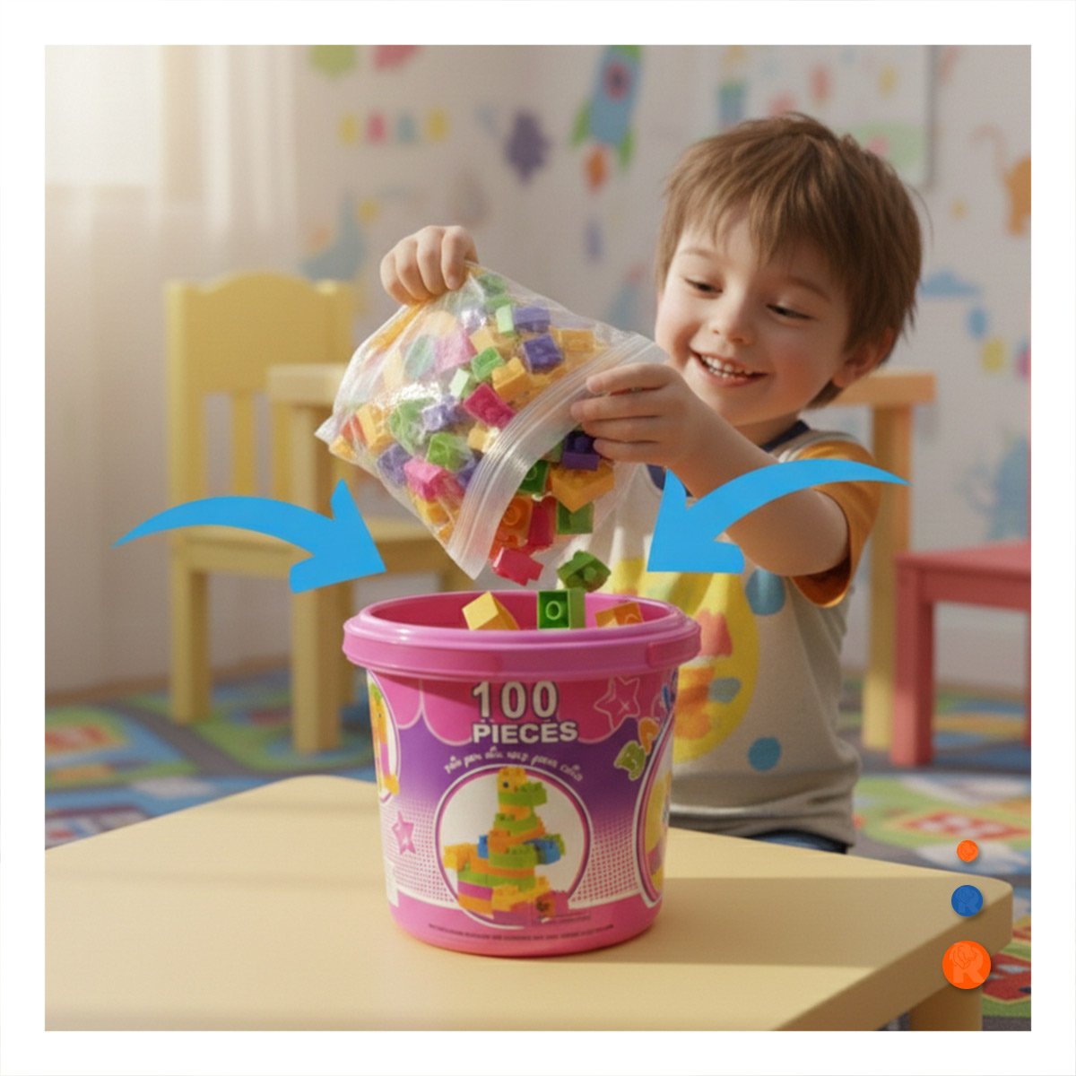PACK6 PIEZAS DE USO INFANTIL 100 PIEZAS MULTICOLOR ROSADO EN BALDE Y+REGALO STICKER - 3