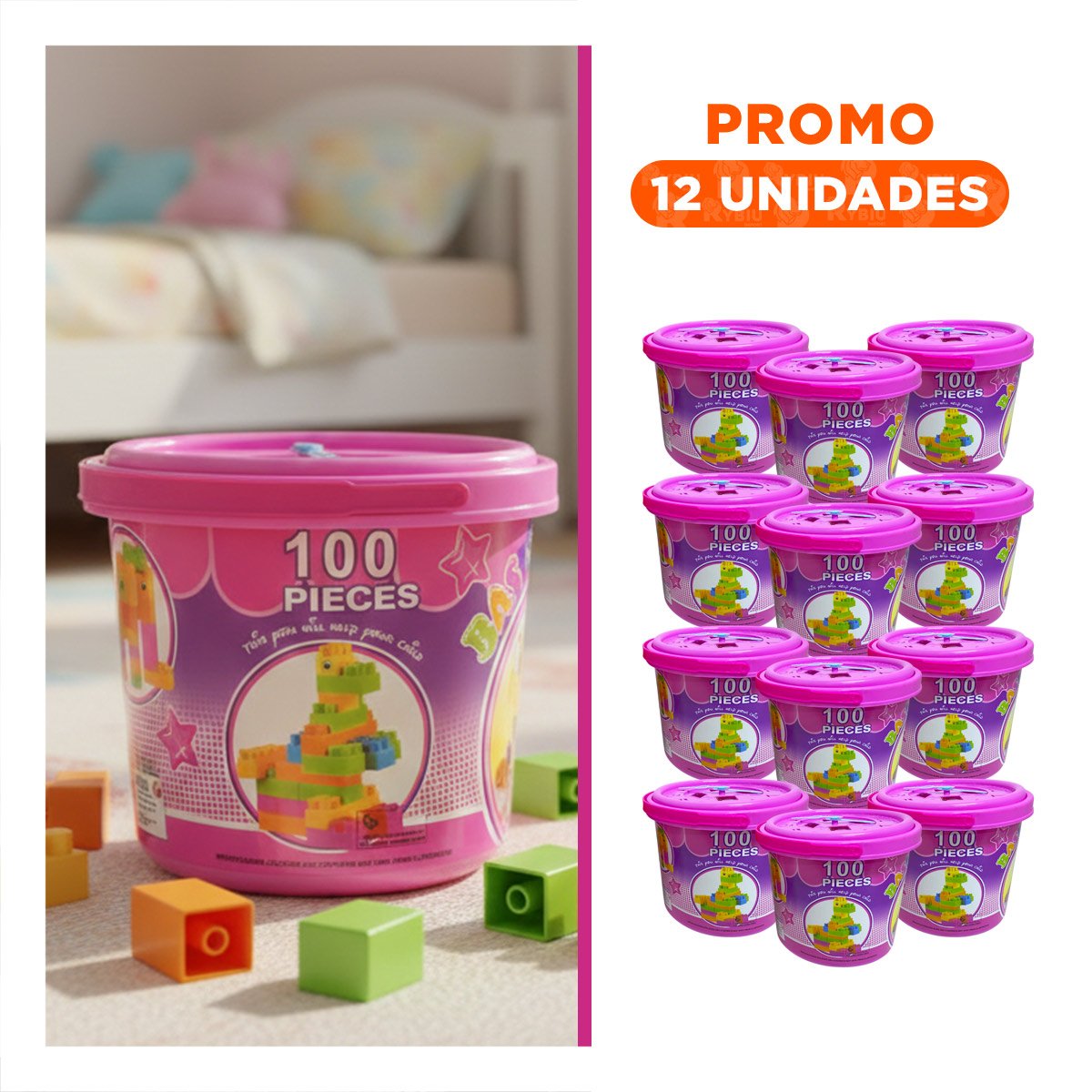 PACK12 JUEGO INFANTIL CON PIEZAS 100 PIEZAS MULTICOLOR ROSADO EN BALDE Y+REGALO STICKER - 1