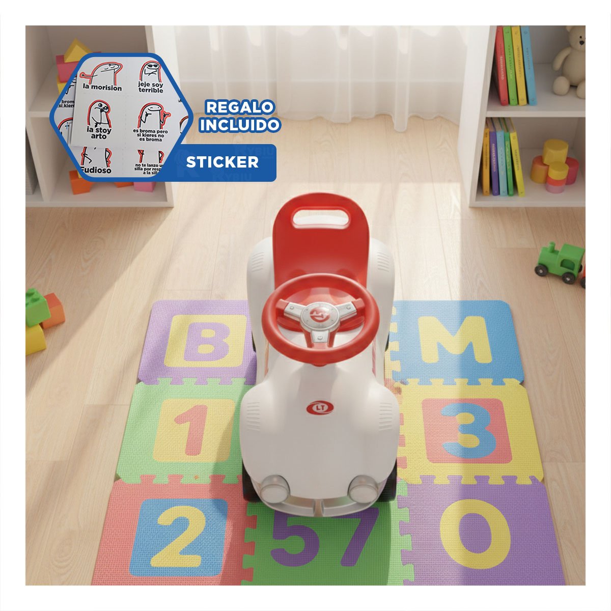 VEHICULO INFANTIL DE ARRASTRE MANUAL 54X33CM BLANCO Y NARANJA PARA DIVERSION Y+REGALO STICKER - 1