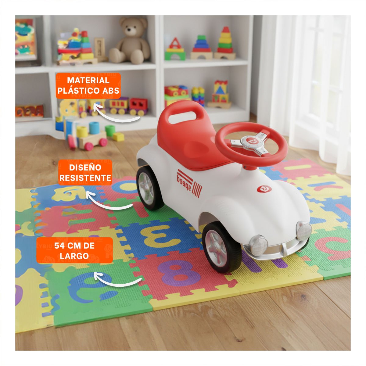 VEHICULO INFANTIL DE ARRASTRE MANUAL 54X33CM BLANCO Y NARANJA PARA DIVERSION Y+REGALO STICKER - 5