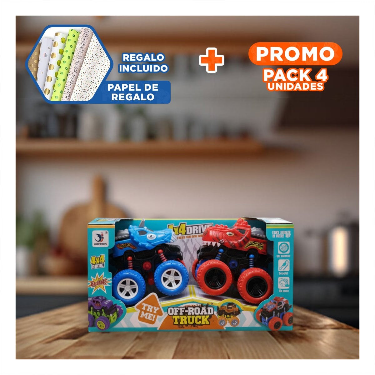 PACK4 CAMIONETA DE ACCION MONSTER TRUCK EN CAJA RESISTENTE PARA JUEGO EN CASA Y+PAPEL REGALO - 1