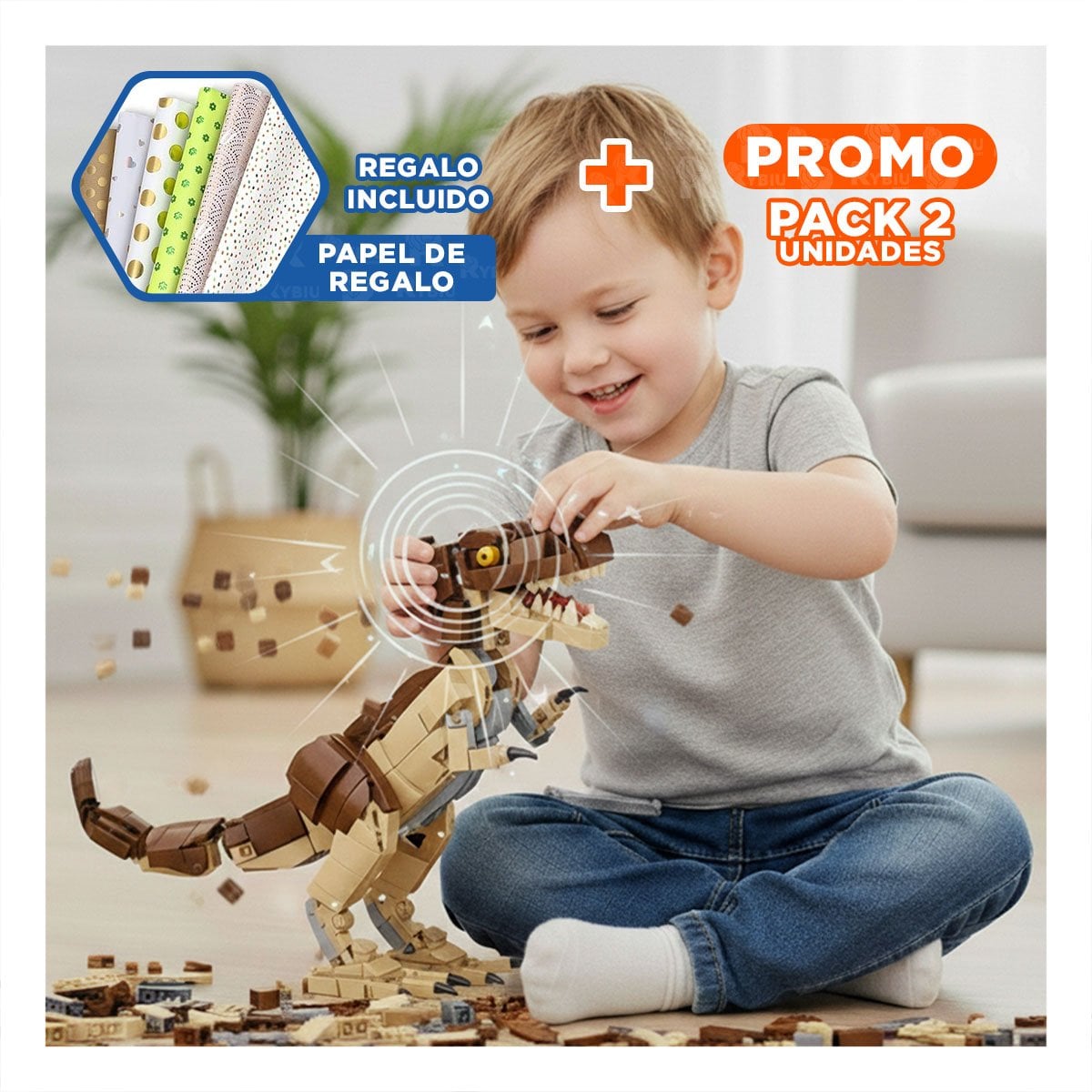 PACK2 MODULO EDUCATIVO DINOSAURIO CON BLOQUES DE CONSTRUCCION MANUALES Y+PAPEL REGALO - 1
