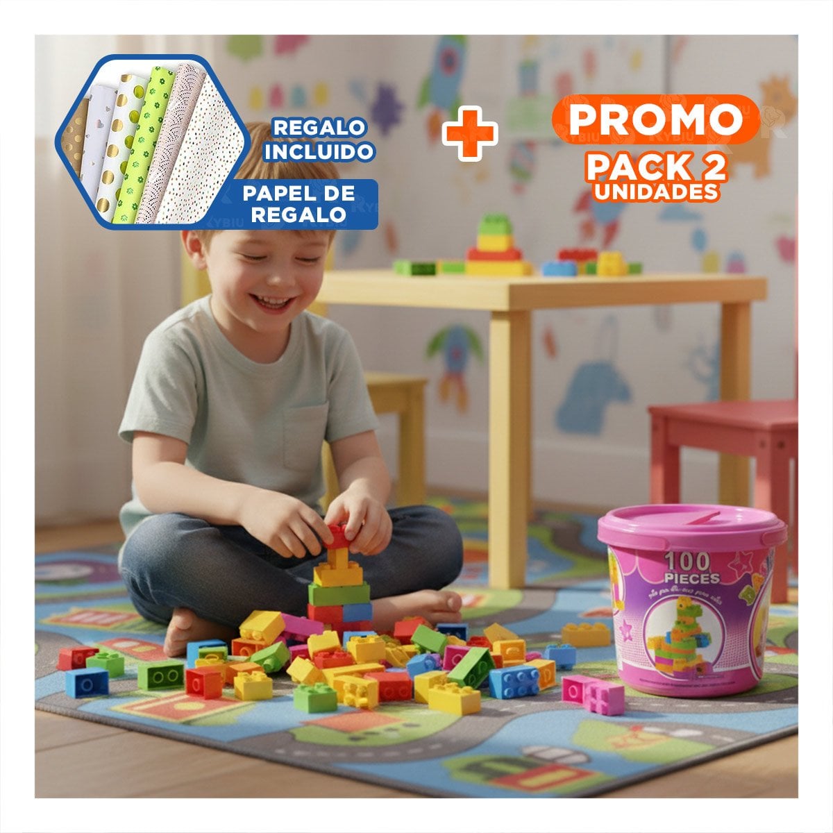 PACK2 ELEMENTOS DE JUEGO INFANTIL 100 PIEZAS MULTICOLOR ROSADO EN BALDE Y+PAPEL REGALO - 1