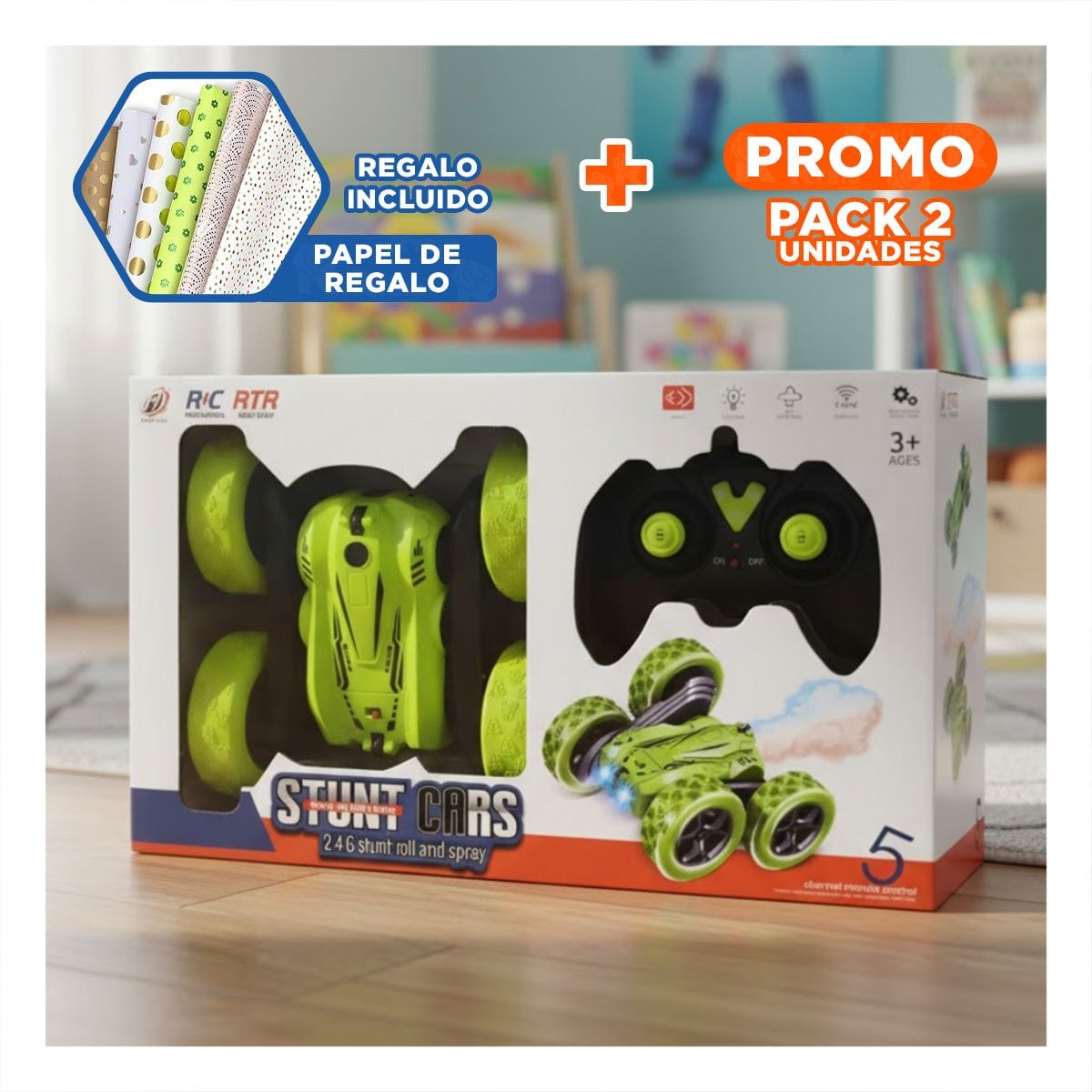 PACK2 BUGGY ACROBATICO CON CONTROL REMOTO PARA JUEGOS DE ACCION Y+PAPEL REGALO - 1