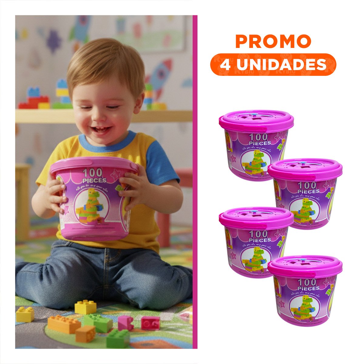 PACK4 SET DE JUEGO EDUCATIVO 100 PIEZAS MULTICOLOR ROSADO EN BALDE INFANTIL Y+REGALO STICKER - 1