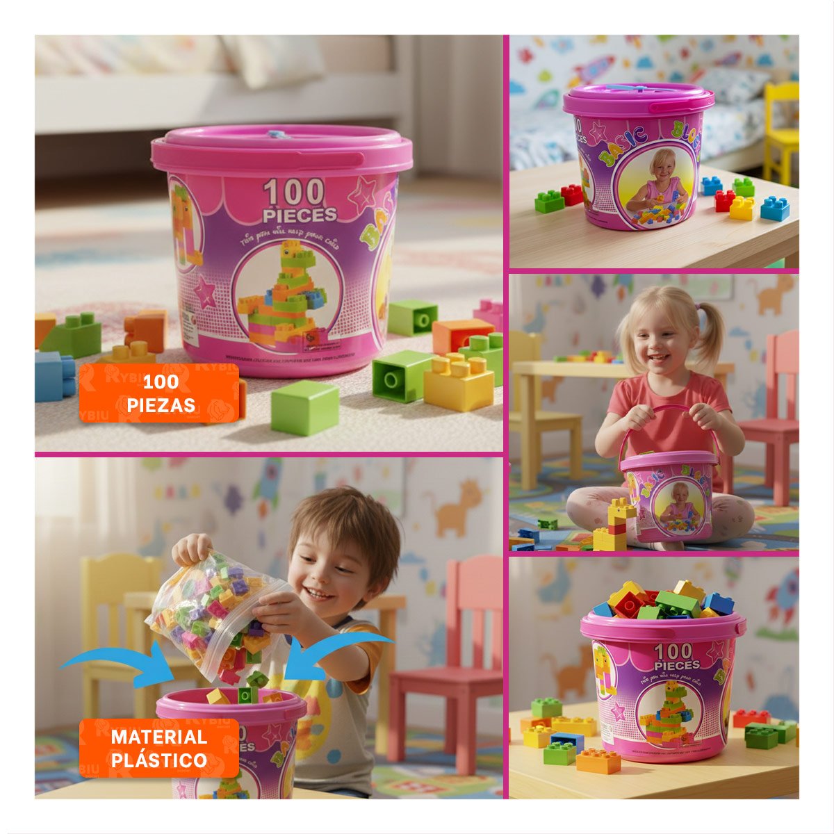 PACK4 SET DE JUEGO EDUCATIVO 100 PIEZAS MULTICOLOR ROSADO EN BALDE INFANTIL Y+REGALO STICKER - 2