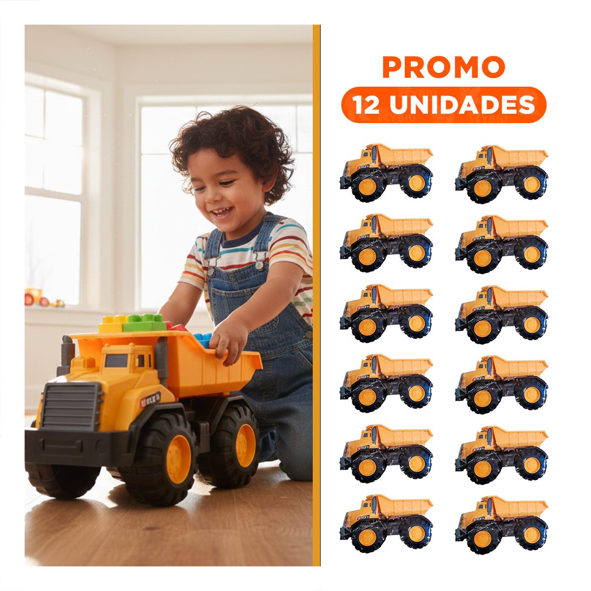 PACK12 CAMINO VOLQUETE AMARILLO DE JUGUETE EN BOLSA PARA CONSTRUCCION Y+REGALO STICKER - 1