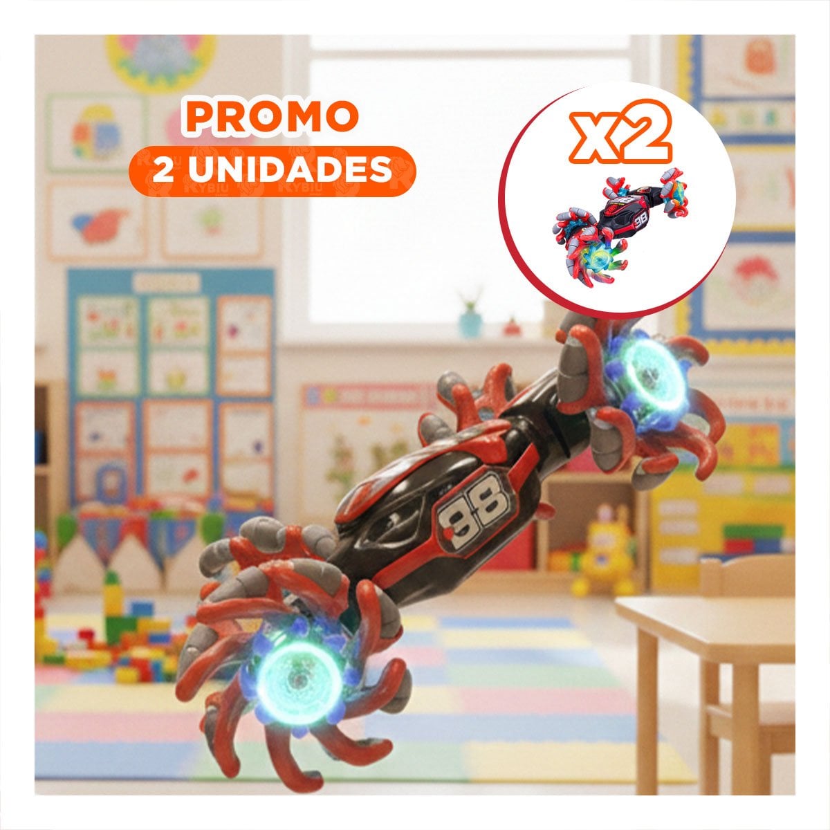PACK2 MOVIL ACROBATICO CON CONTROL REMOTO Y RELOJ EN ROJO Y CELESTE 27X16CM Y+REGALO STICKER - 1