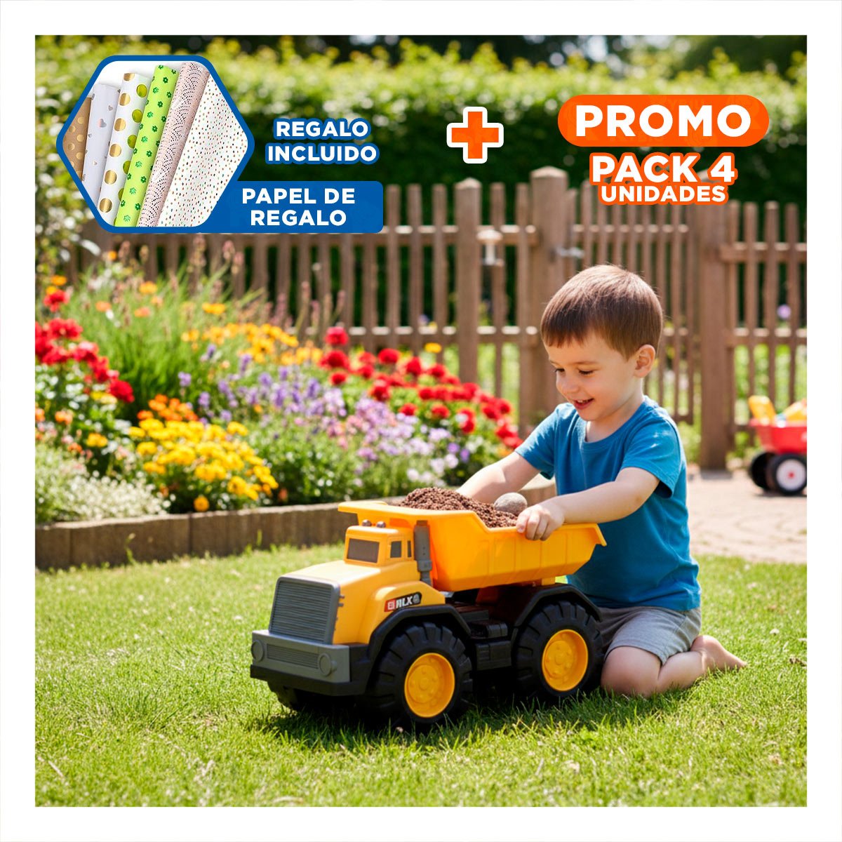 PACK4 OBRERO VOLQUETE AMARILLO DE JUGUETE EN BOLSA PARA CONSTRUCCION Y+PAPEL REGALO - 1