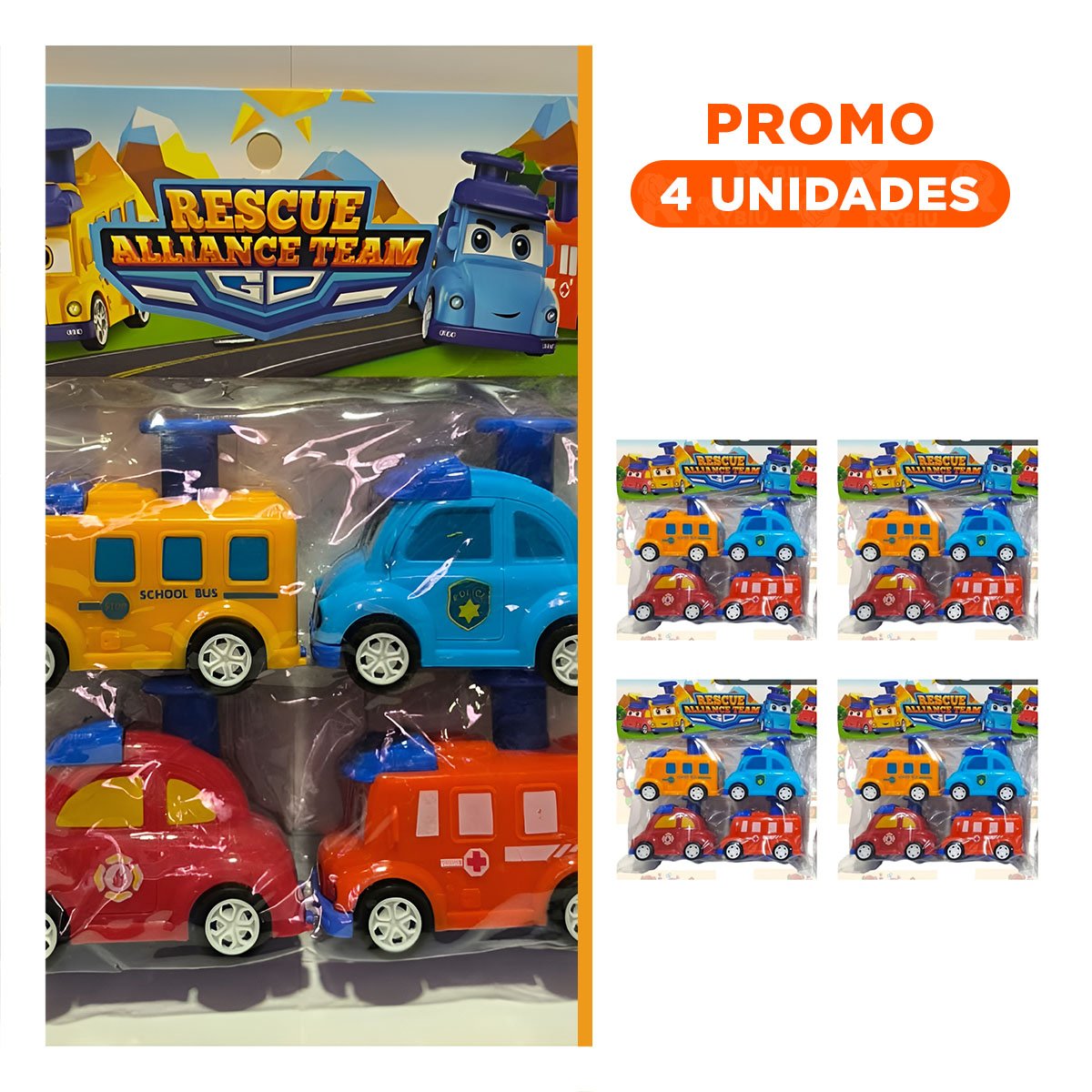 PACK4 EQUIPO DE RESCATE CARROS 4 PIEZAS MULTICOLOR PARA JUEGO INTERACTIVO Y+REGALO STICKER - 1