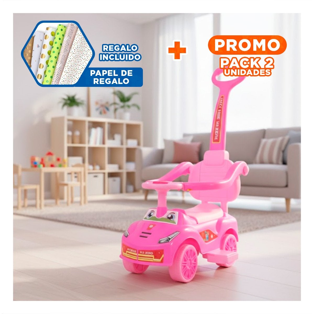 PACK2 VEHICULO DE JUGUETE CON MANGO DE EMPUJE Y COLORES ROSADO Y+PAPEL REGALO - 1