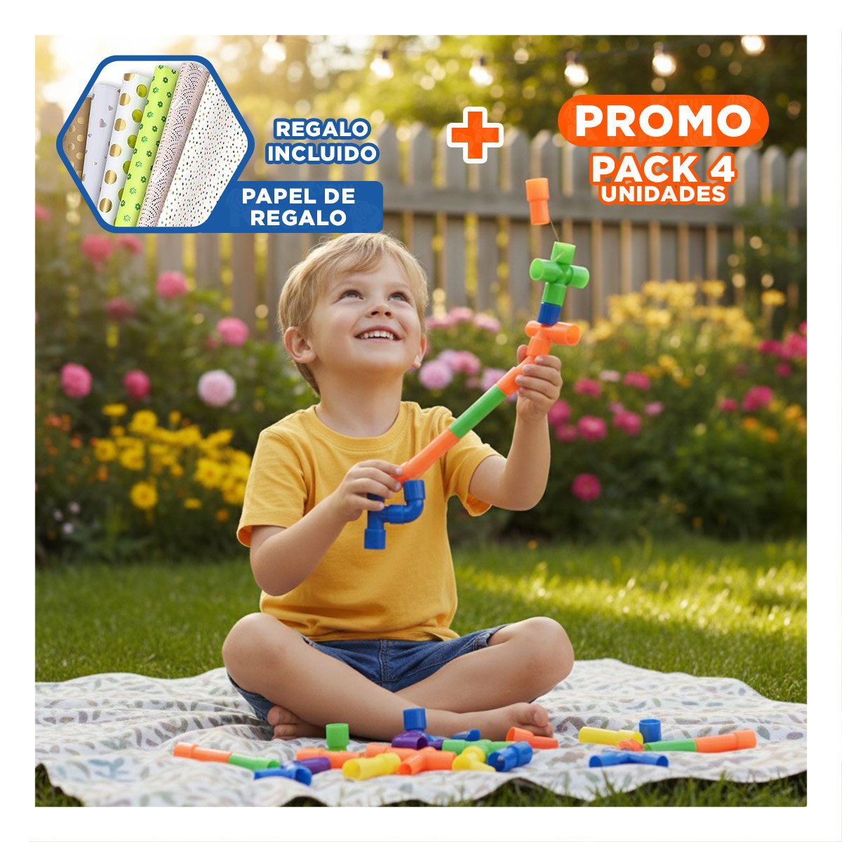 PACK4 PAQUETE EDUCATIVO DE TUBOS PARA ENSAMBLAR Y JUGAR Y+PAPEL REGALO - 1