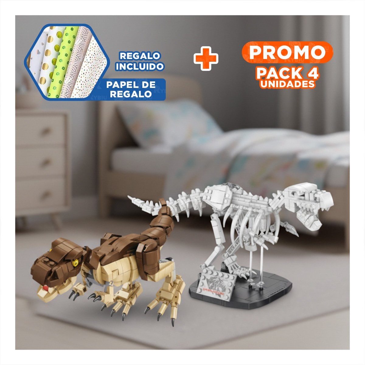 PACK4 SET CREATIVO DINOSAURIO CON PIEZAS ENCAJABLES PARA CONSTRUCCION MANUAL Y+PAPEL REGALO - 1