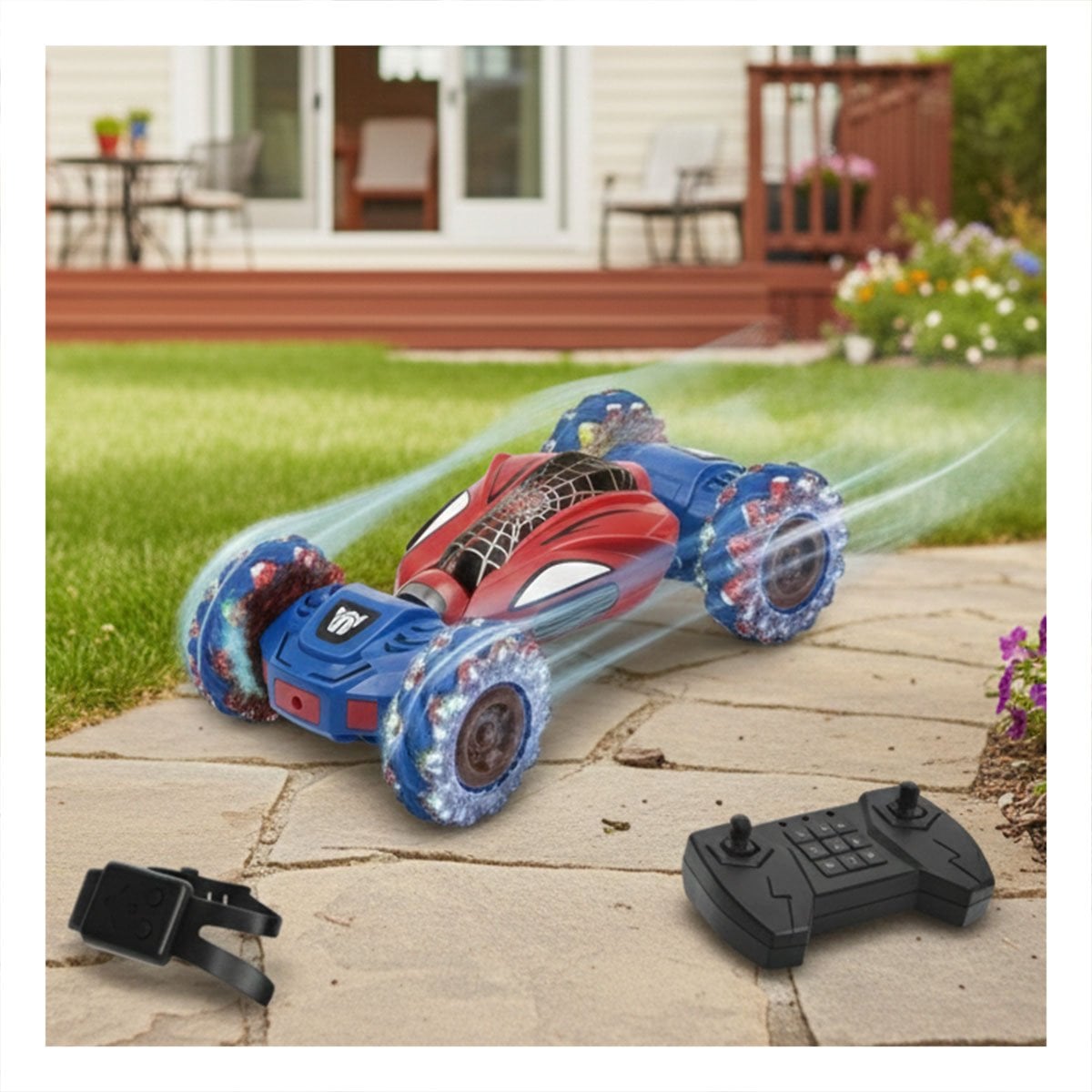 COCHE DE JUEGO INFANTIL CON CONTROL REMOTO Y RELOJ CONTROL TELARAÑA AZUL Y ROJO Y+LIGAS REGALO - 1