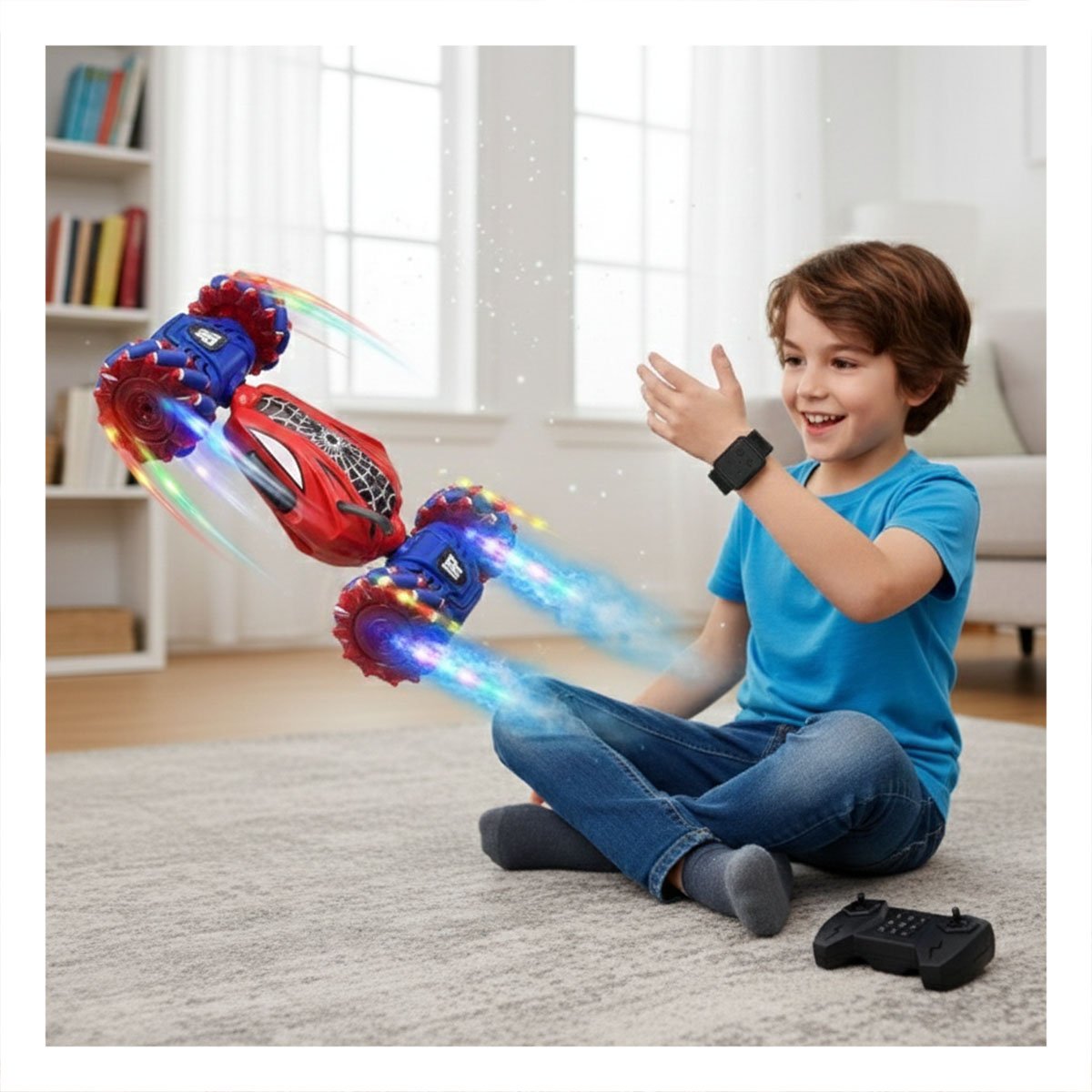 COCHE DE JUEGO INFANTIL CON CONTROL REMOTO Y RELOJ CONTROL TELARAÑA AZUL Y ROJO Y+LIGAS REGALO - 2