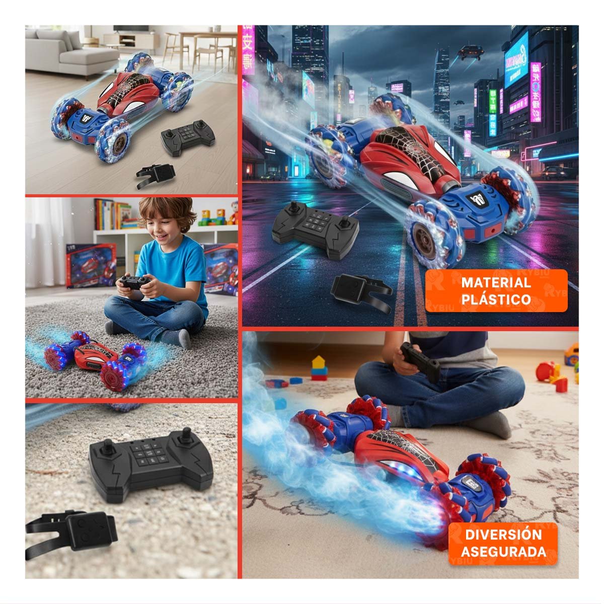COCHE DE JUEGO INFANTIL CON CONTROL REMOTO Y RELOJ CONTROL TELARAÑA AZUL Y ROJO Y+LIGAS REGALO - 5