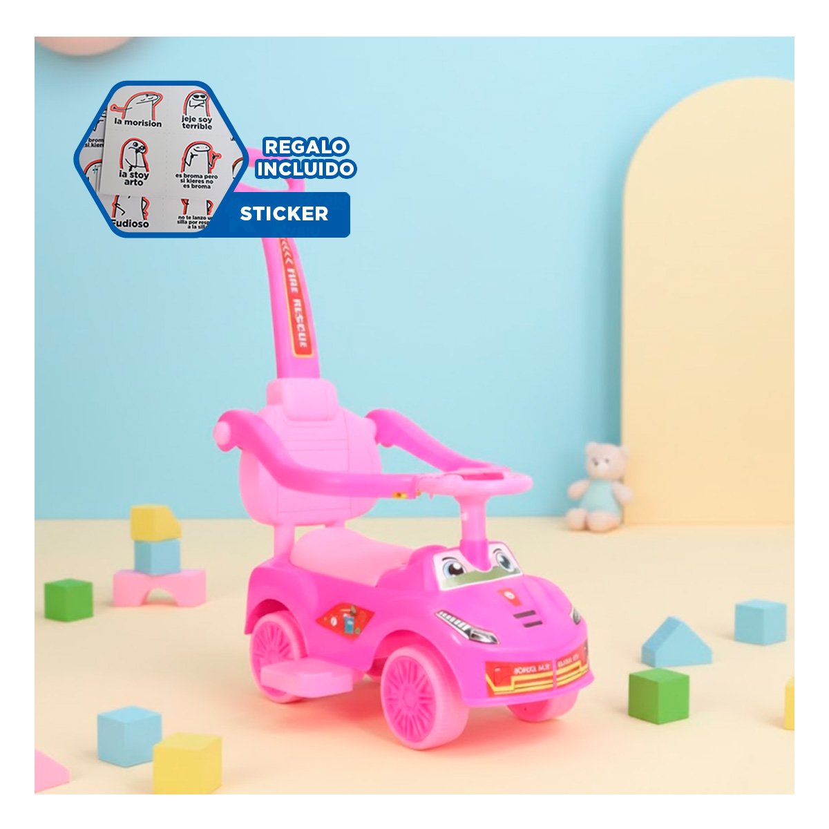 VEHICULO INFANTIL DE ARRASTRE CON MANGO DE EMPUJE Y DISENO OJOS Y+REGALO STICKER - 1