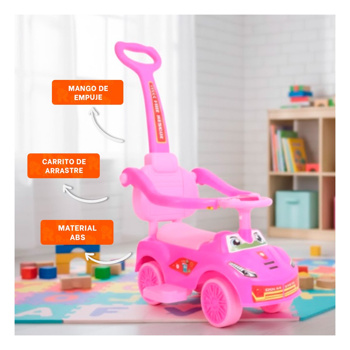 VEHICULO INFANTIL DE ARRASTRE CON MANGO DE EMPUJE Y DISENO OJOS Y+REGALO STICKER - 5
