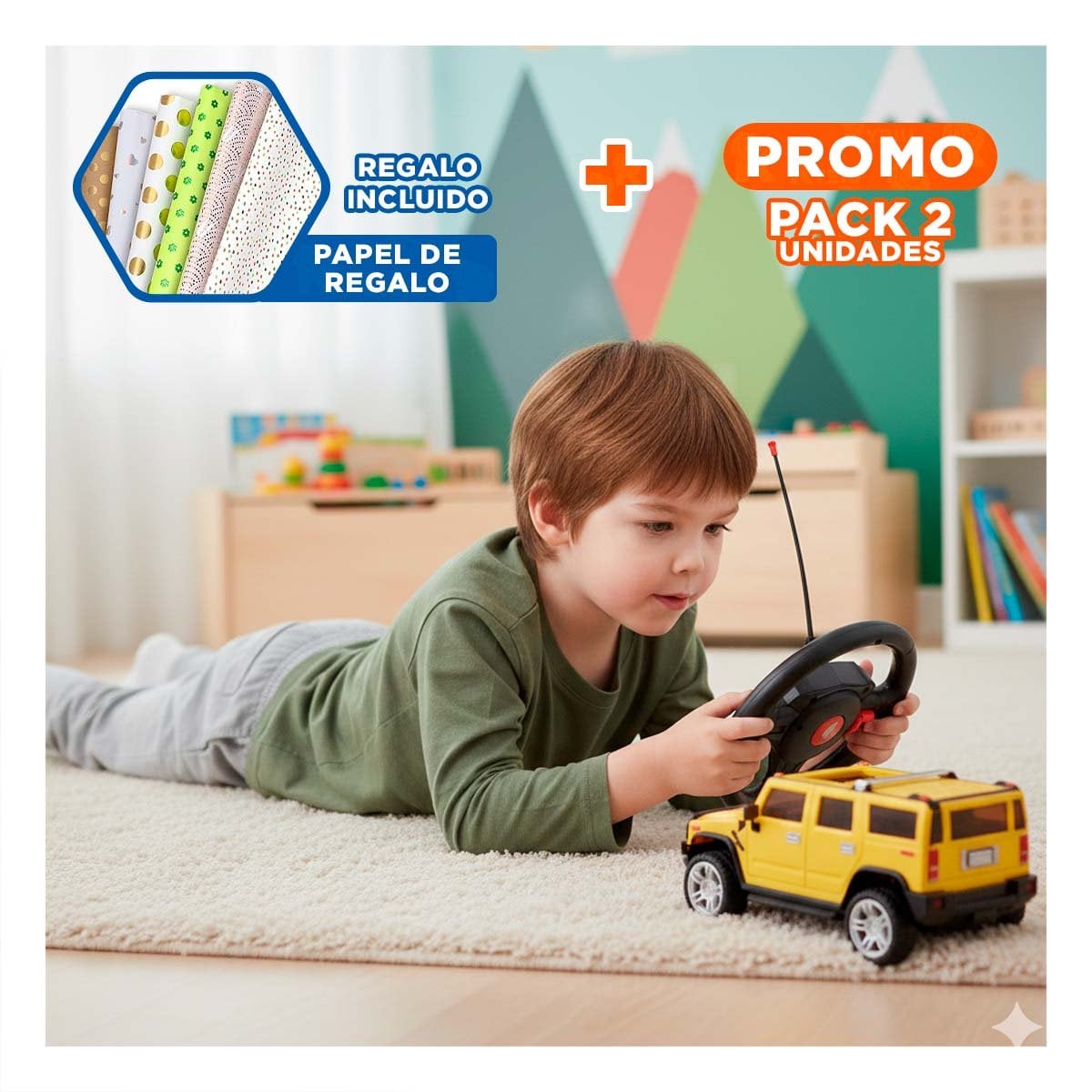 PACK2 AUTO RECREATIVO A CONTROL REMOTO ESTILO CAMIONETA AMARILLO PARA EXTERIOR Y+PAPEL REGALO - 1