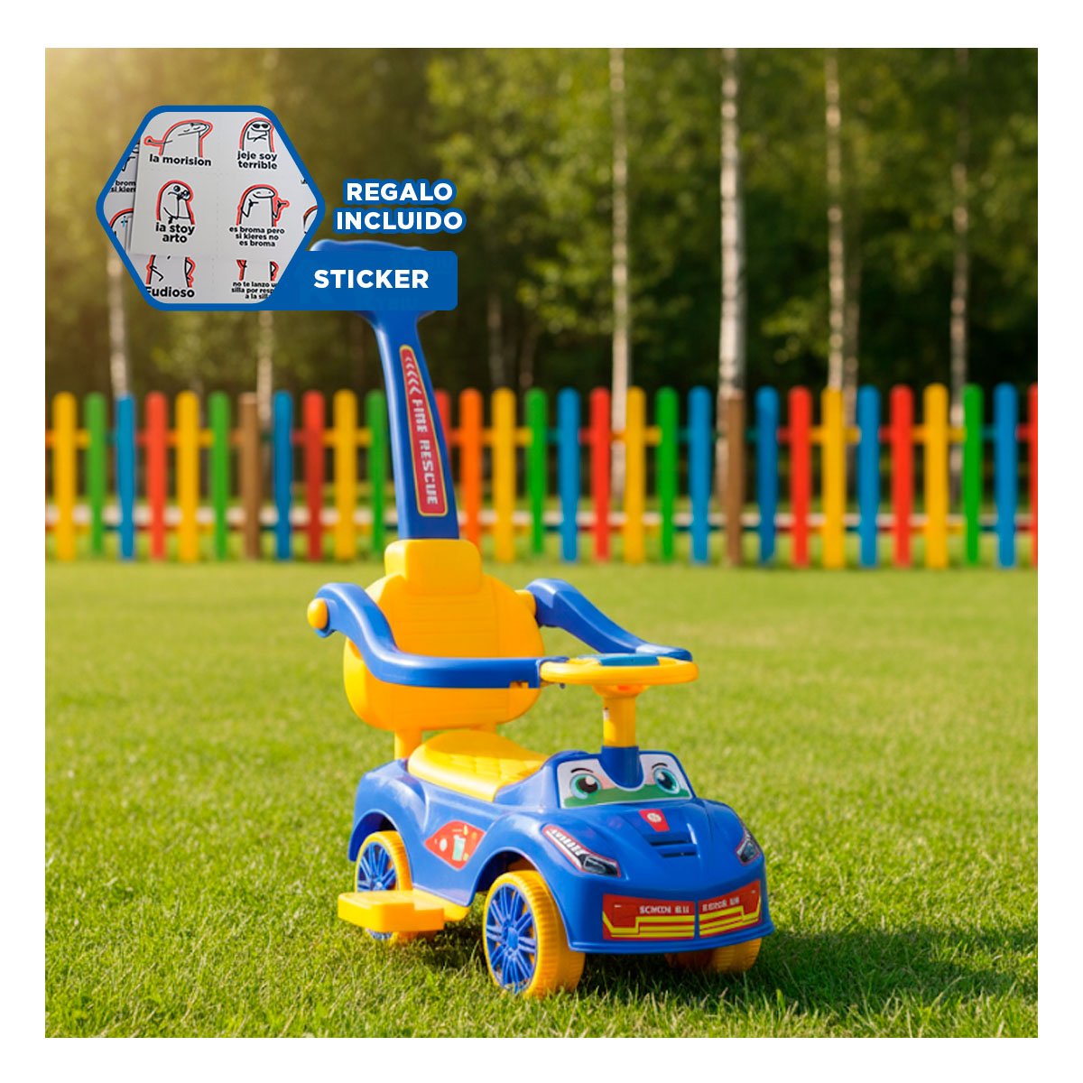 VEHICULO INFANTIL DE ARRASTRE CON MANGO DE EMPUJE Y DISENO OJOS Y+REGALO STICKER - 1