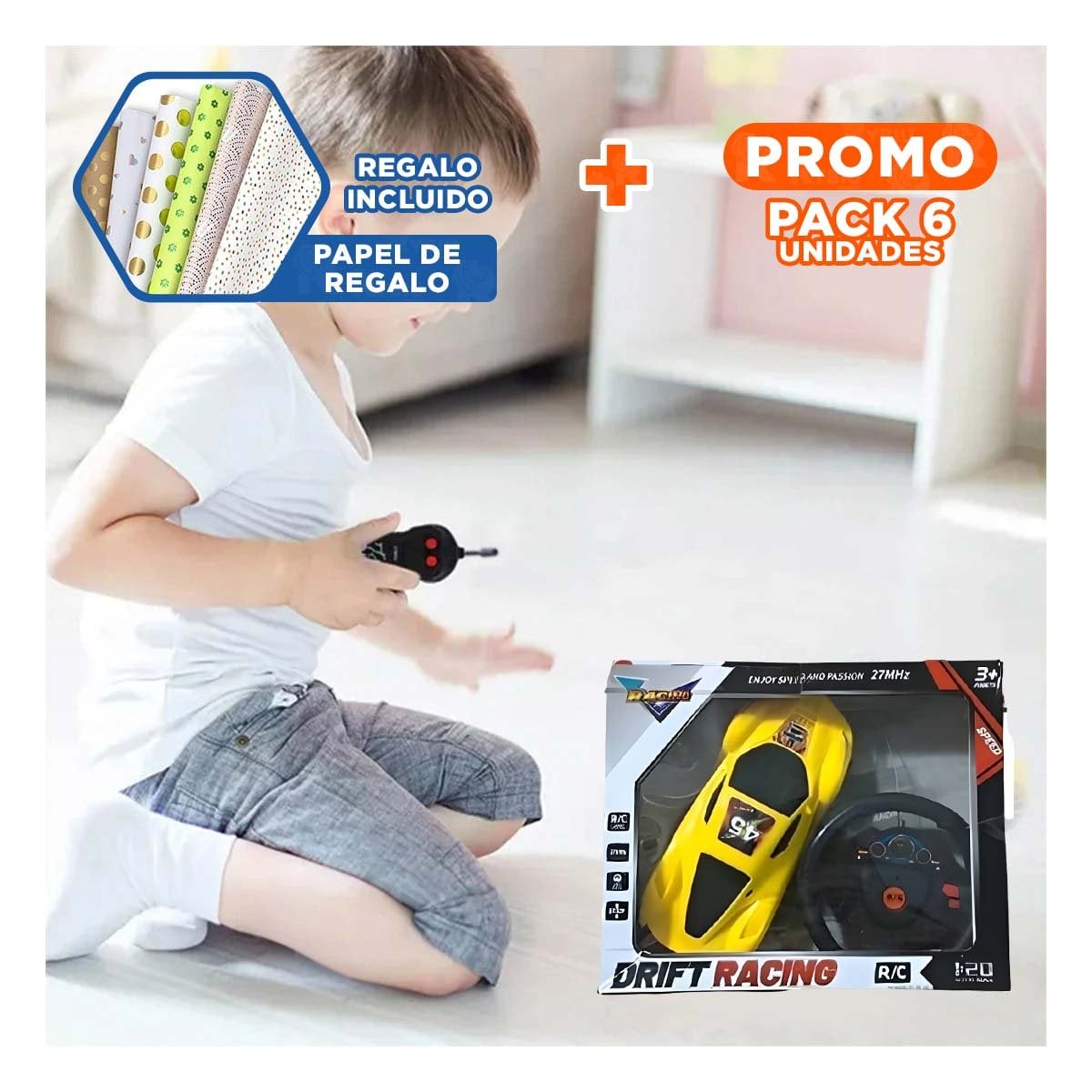 PACK6 PRACTICO CONTROL REMOTO AMARILLO PARA JUEGO Y+PAPEL REGALO - 1