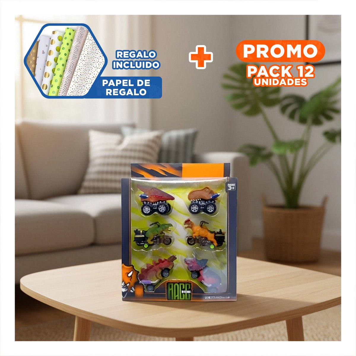 PACK12 SET INFANTIL DINO CARRO 4 Y MOTO 2 DIVERSION Y CREATIVIDAD Y+PAPEL REGALO - 1