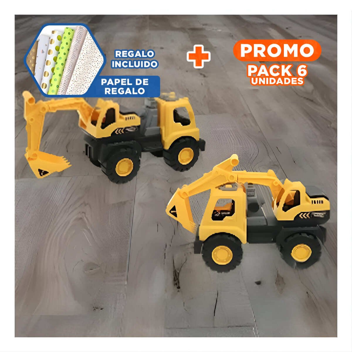 PACK6 MAQUINA EXCAVADORA AMARILLA DE CONSTRUCCION EN BOLSA GRANDE RESISTENTE Y+PAPEL REGALO - 1