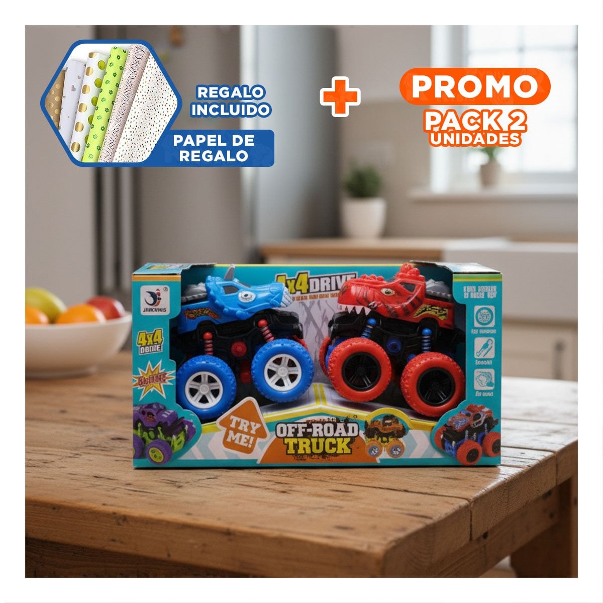 PACK2 JUGUETE DE ACCION MONSTER TRUCK EN CAJA RESISTENTE PARA DIVERSION EN CASA Y+PAPEL REGALO - 1