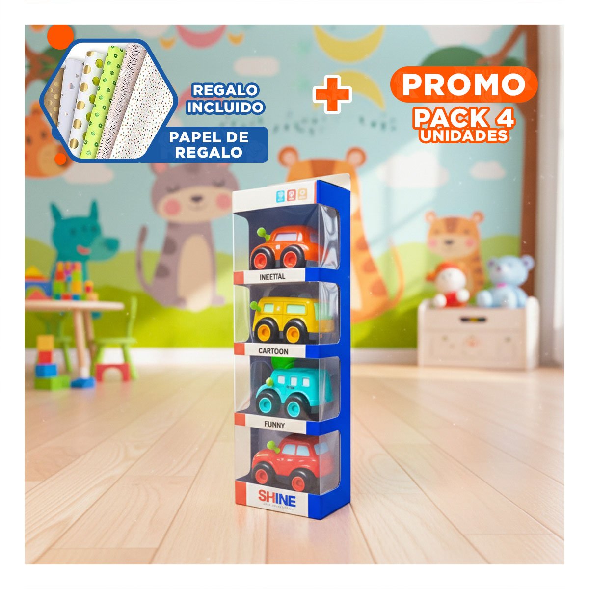 PACK4 AUTOS DE ACCION SET 4 PZ PARA JUEGOS ACTIVOS Y+PAPEL REGALO - 1