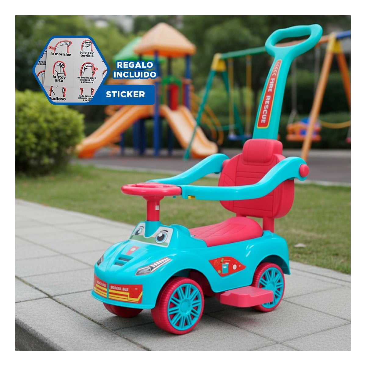 VEHICULO INFANTIL DE ARRASTRE CON MANGO DE EMPUJE Y DISENO OJOS Y+REGALO STICKER - 1