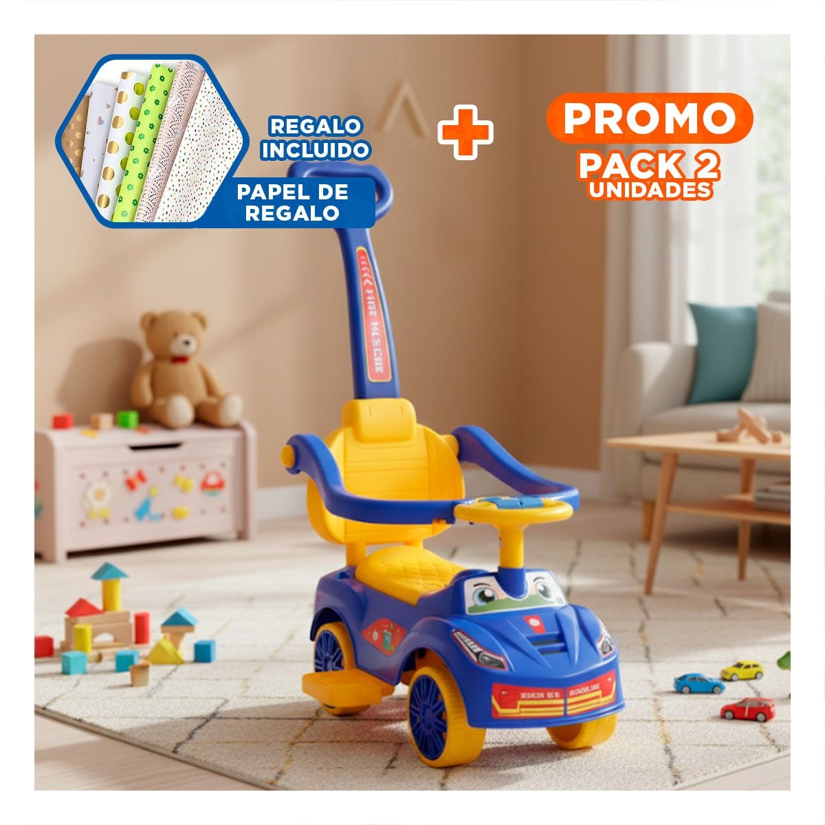 PACK2 VEHICULO DE JUGUETE CON MANGO DE EMPUJE Y COLORES AZUL AMARILLO Y+PAPEL REGALO - 1