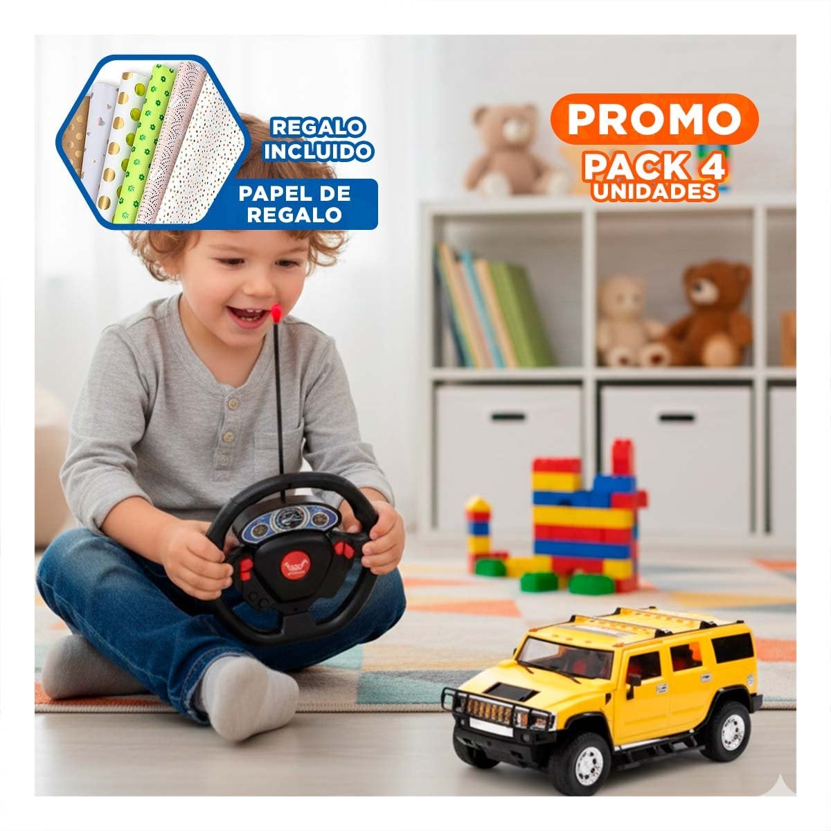 PACK4 CAMIONETA RECREATIVA A CONTROL REMOTO AMARILLO PARA JUEGO EN CASA Y+PAPEL REGALO - 1