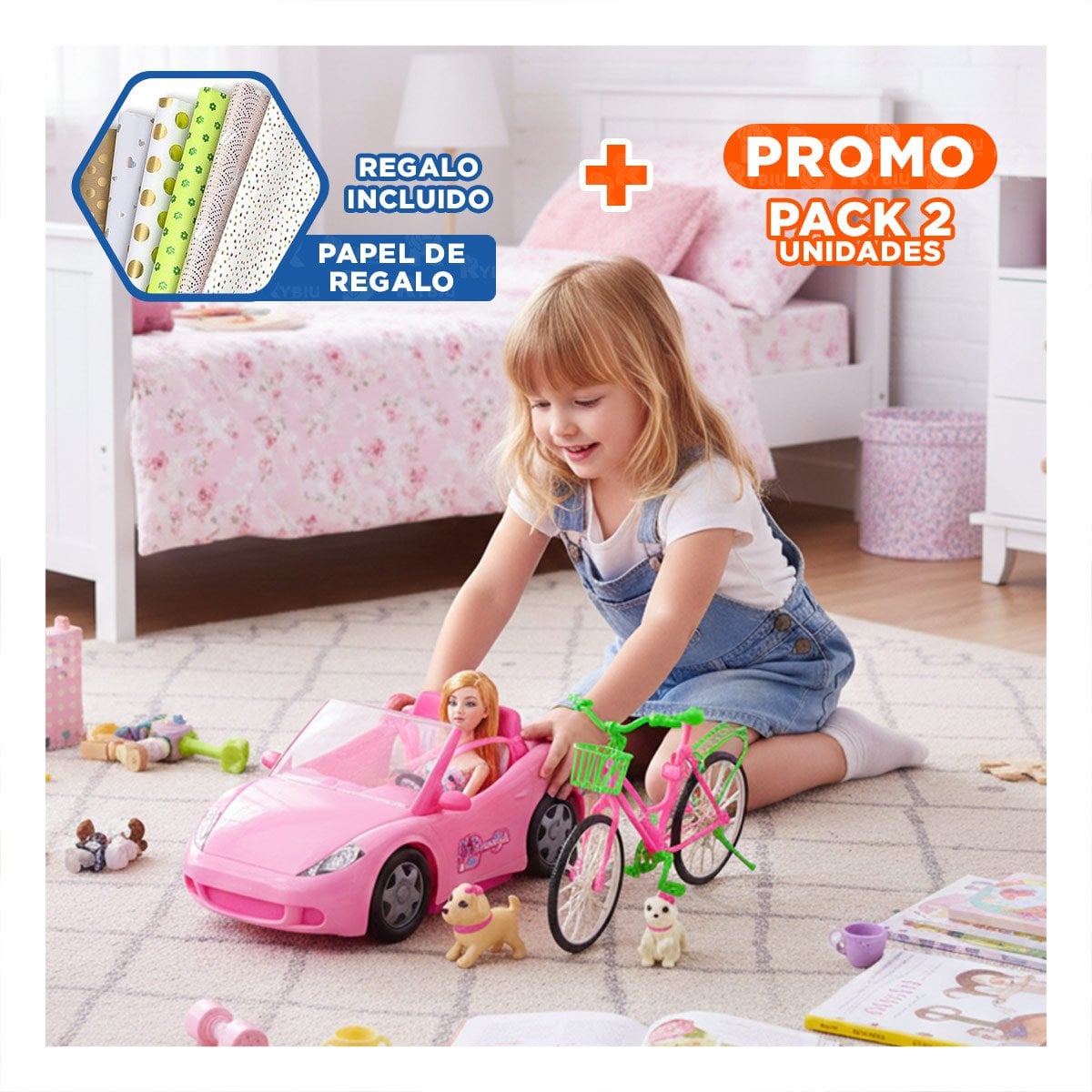 PACK2 COCHE DE AVENTURA CON BICICLETA FIGURAS Y PERROS PARA JUEGOS CREATIVOS Y+PAPEL REGALO - 1