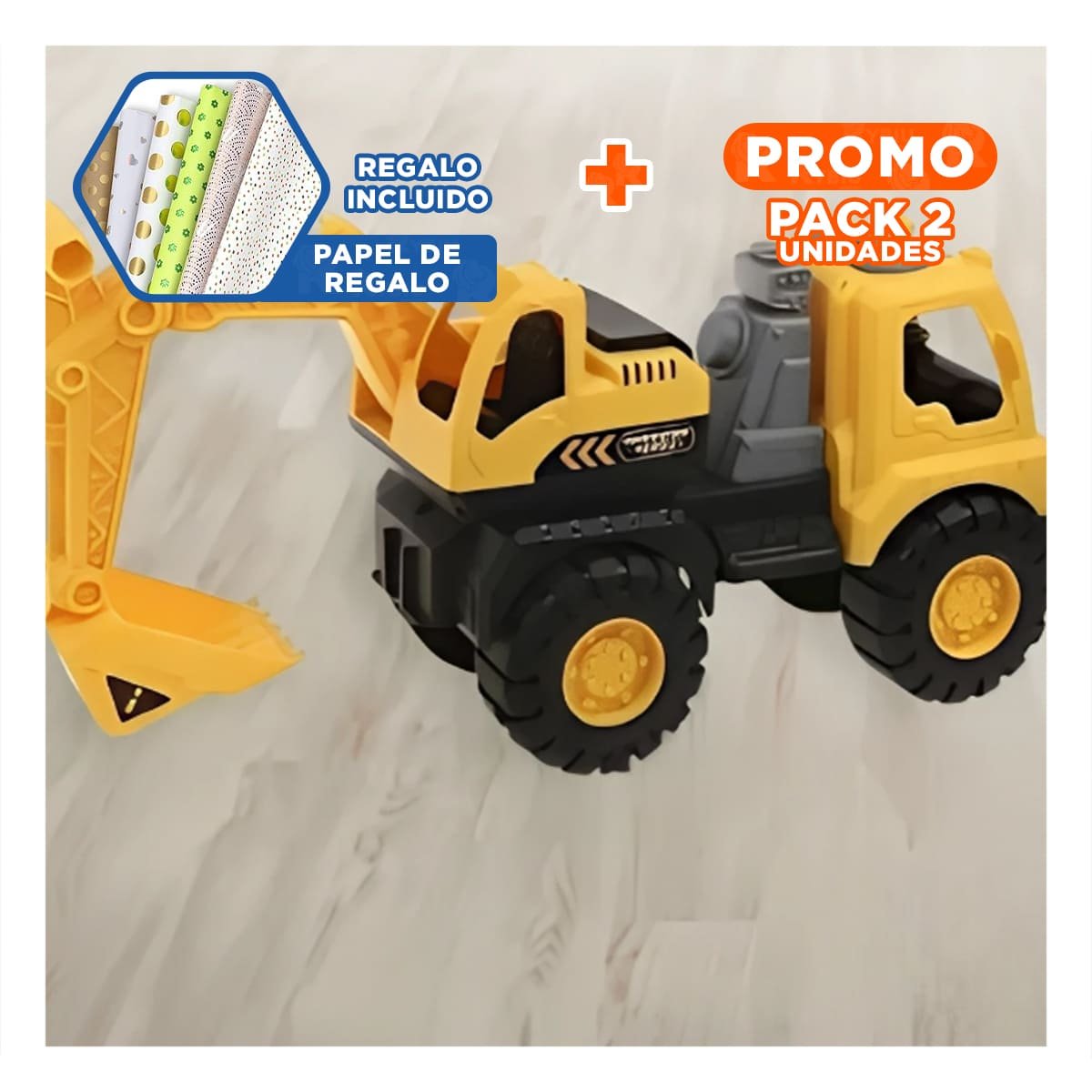 PACK2 JUGUETE EXCAVADOR AMARILLO DE CONSTRUCCION EN BOLSA GRANDE RESISTENTE CASA Y+PAPEL REGALO - 1