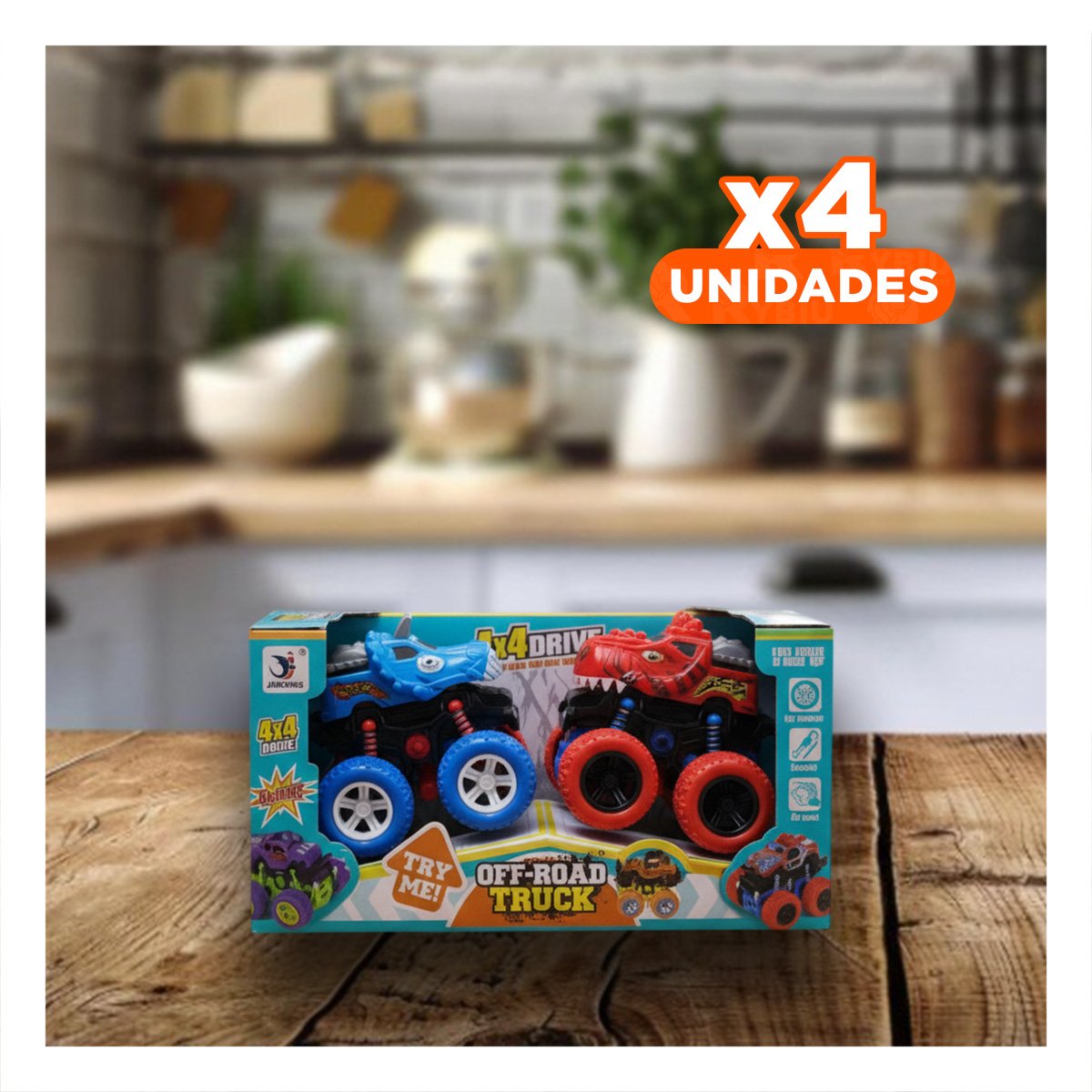 PACK4 VEHICULO DE ACCION MONSTER TRUCK EN CAJA RESISTENTE PARA DIVERSION EN CASA - 1