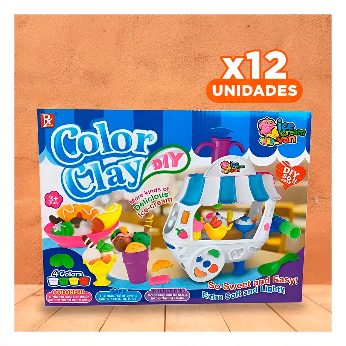 PACK12 CAMION INFANTIL DE HELADOS CON PLASTILINA AZUL Y BLANCO PARA JUEGO DE ROL - 1