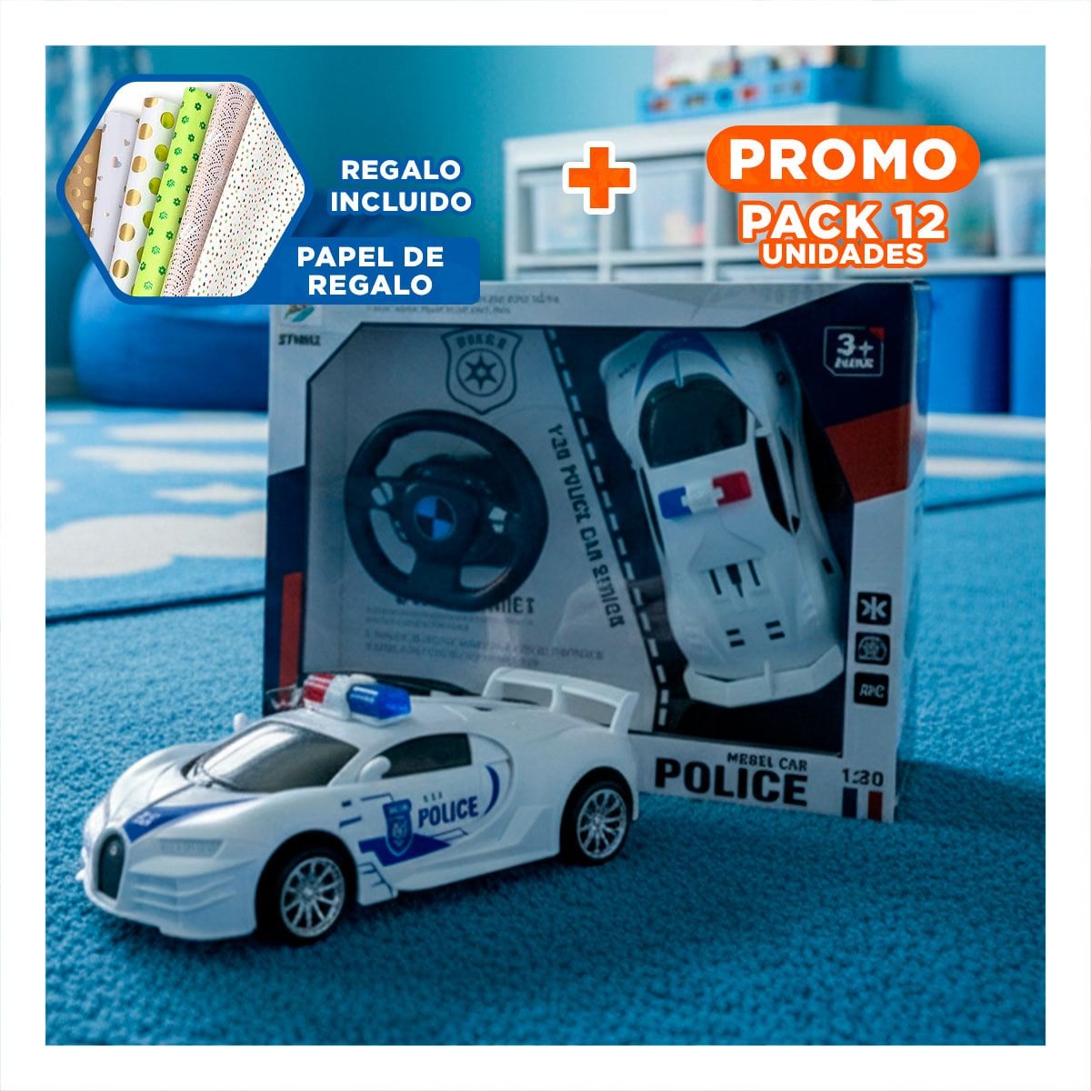 PACK12 ELEMENTO RECREATIVO A CONTROL REMOTO POLICIA BLANCO Y AZUL PARA DIVERSION Y+PAPEL REGALO - 1