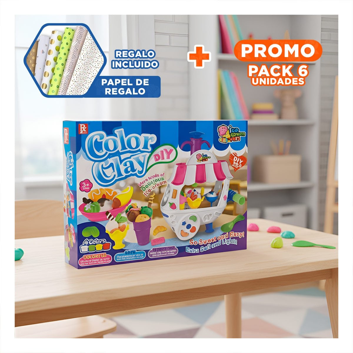 PACK6 JUEGO RECREATIVO CON MASA MOLDEABLE PARA CREAR HELADOS Y FIGURAS Y+PAPEL REGALO - 1