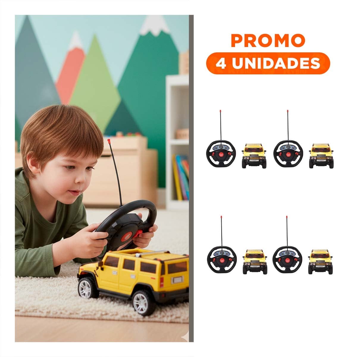 PACK4 JUGUETE RECREATIVO A CONTROL TIPO CAMIONETA AMARILLO PARA EXTERIOR Y+REGALO STICKER - 1