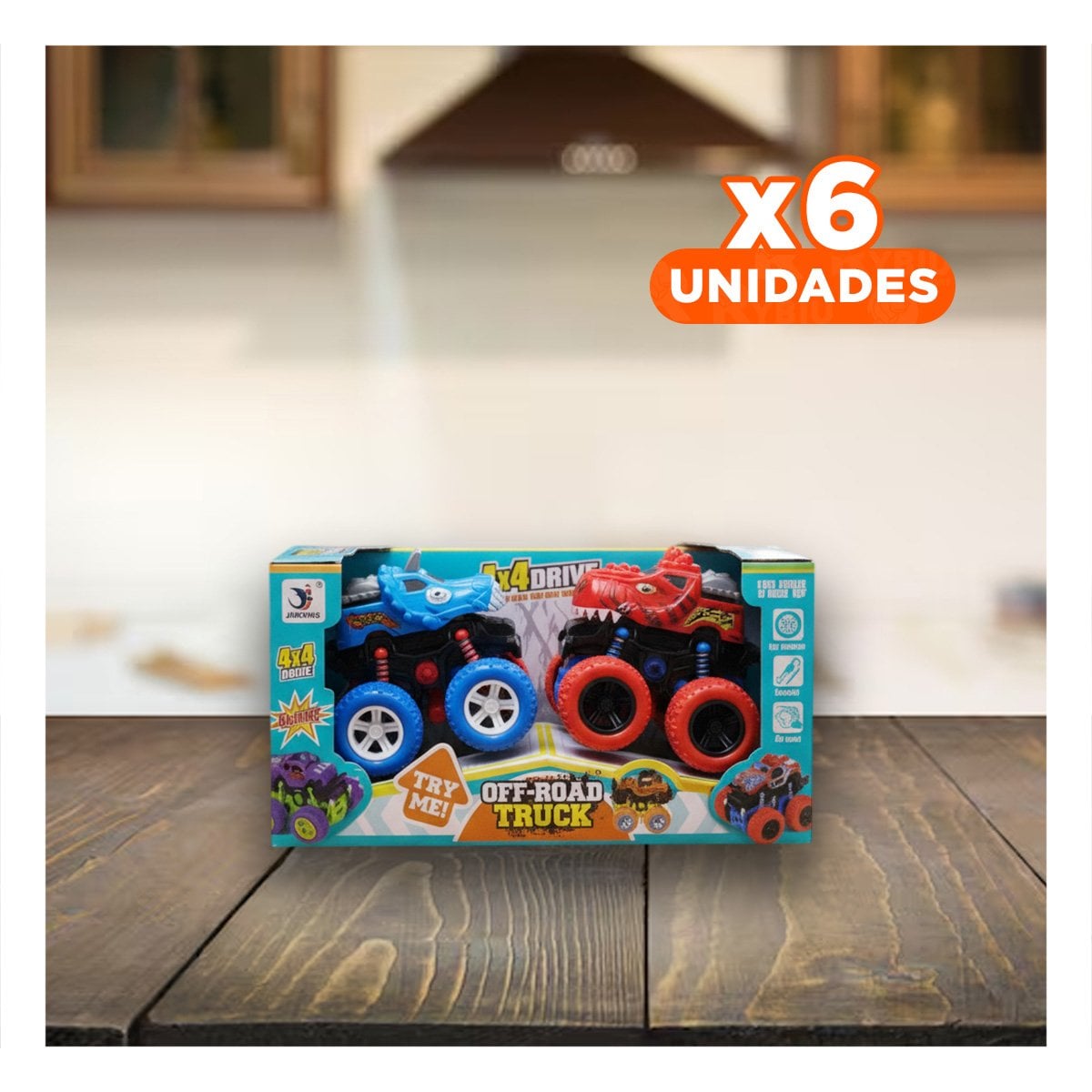 PACK6 VEHICULO RESISTENTE MONSTER TRUCK EN CAJA PARA JUEGO EN CASA Y+REGALO STICKER - 1
