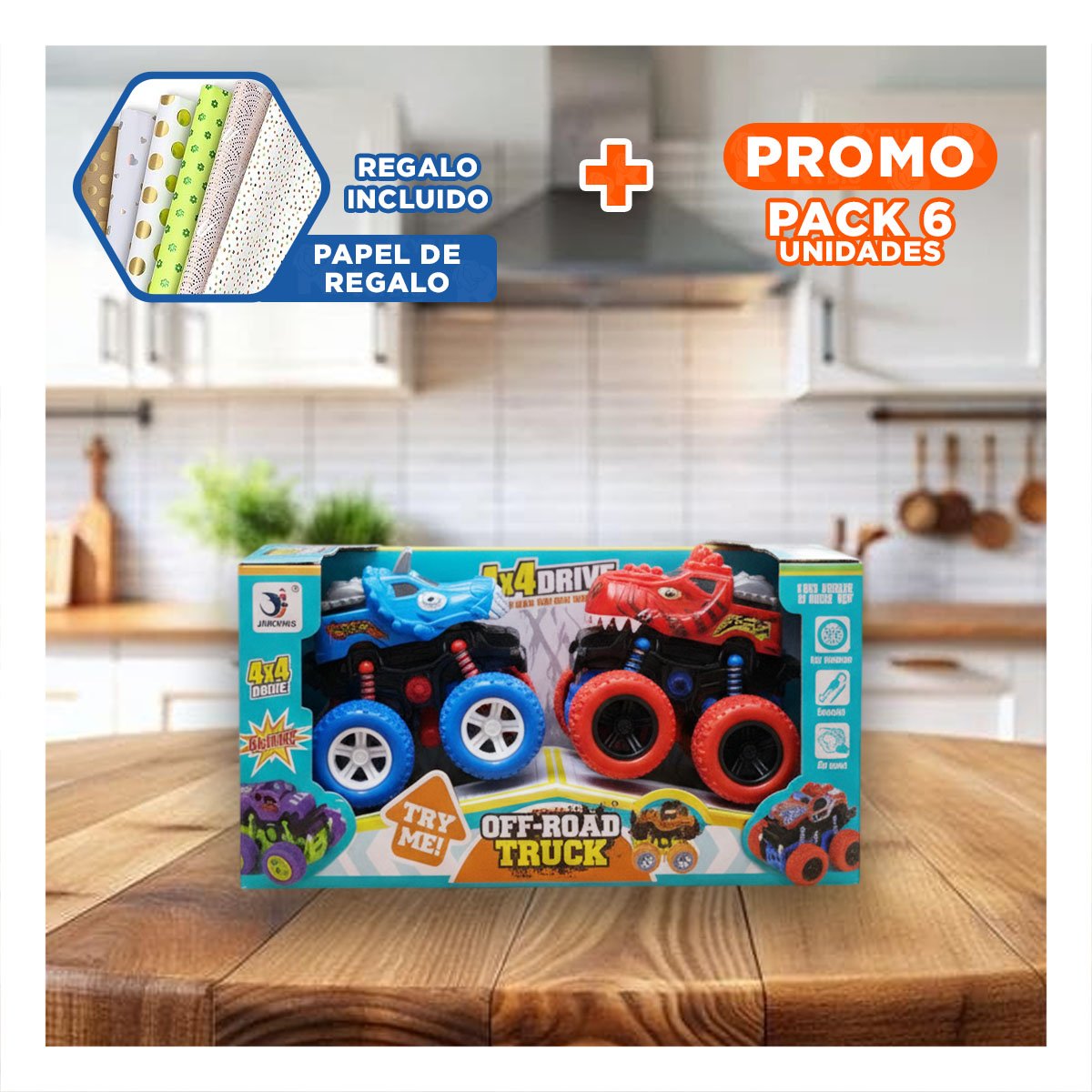 PACK6 CAMION RESISTENTE MONSTER TRUCK EN CAJA PARA DIVERSION EN CASA Y+PAPEL REGALO - 1