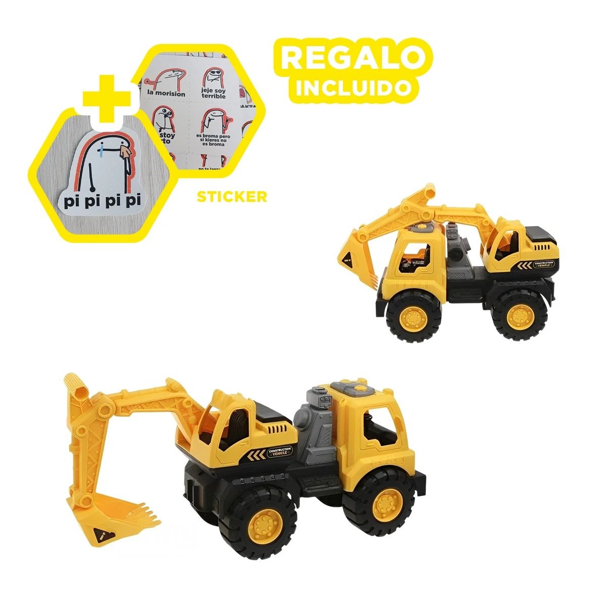VEHICULO EXCAVADOR AMARILLO DE CONSTRUCCION EN BOLSA GRANDE CON DISENO REAL Y+REGALO STICKER - 1