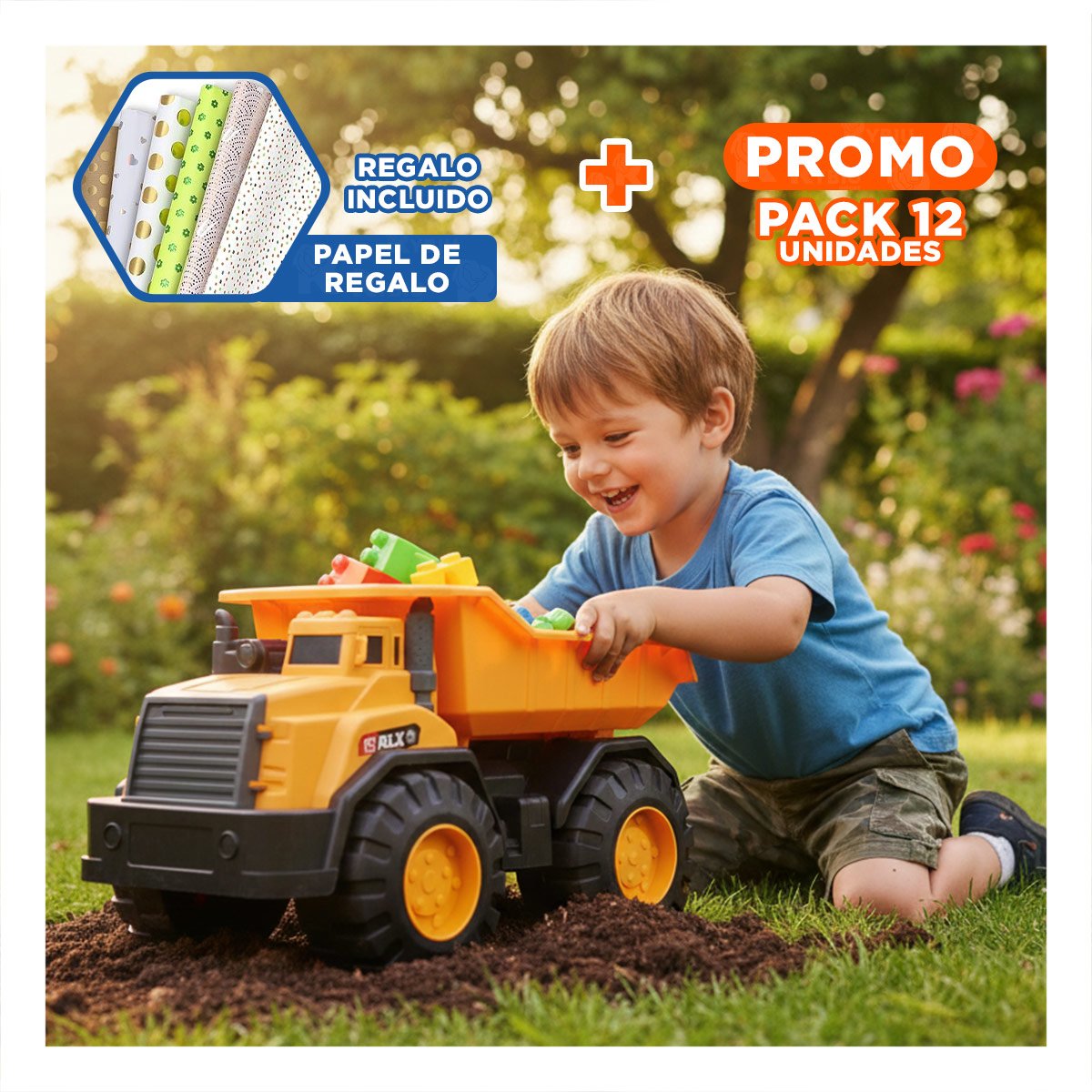 PACK12 RUTA VOLQUETE AMARILLO DE JUGUETE EN BOLSA PARA CONSTRUCCION Y+PAPEL REGALO - 1