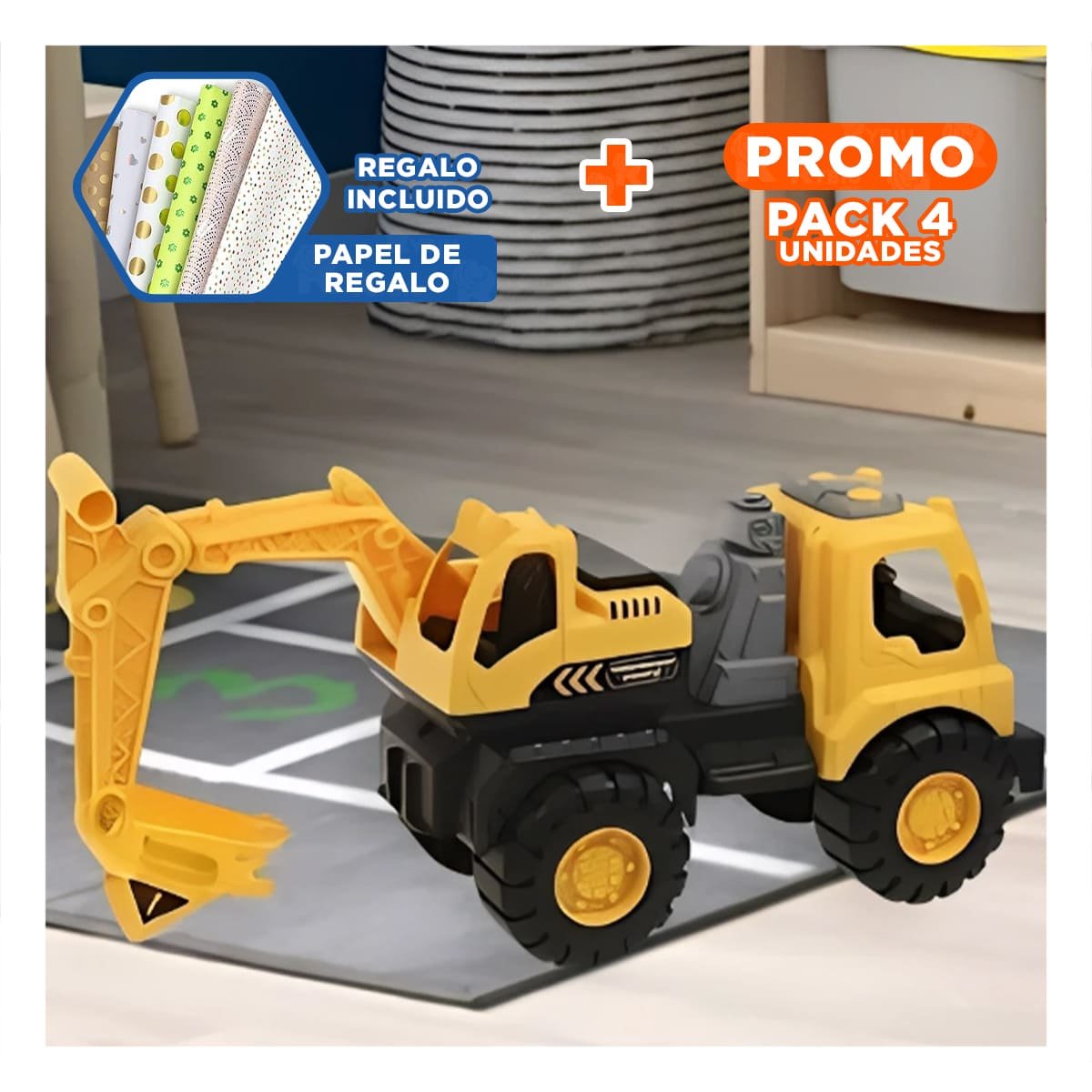 PACK4 JUGUETE EXCAVADOR AMARILLO DE CONSTRUCCION EN BOLSA GRANDE PARA USO DIARIO Y+PAPEL REGALO - 1