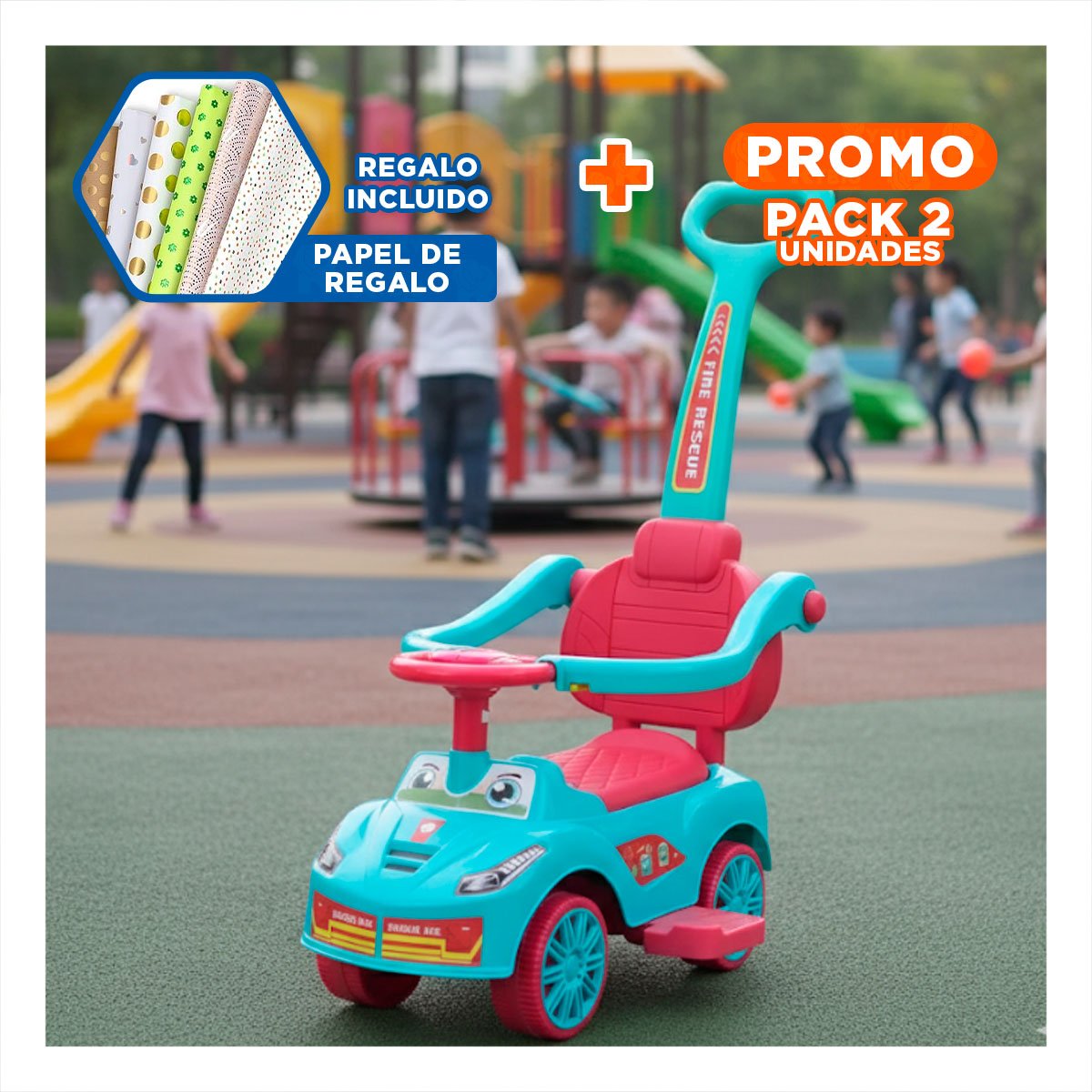 PACK2 VEHICULO DE JUGUETE CON MANGO DE EMPUJE COLORES CELESTE Y FUCSIA Y+PAPEL REGALO - 1