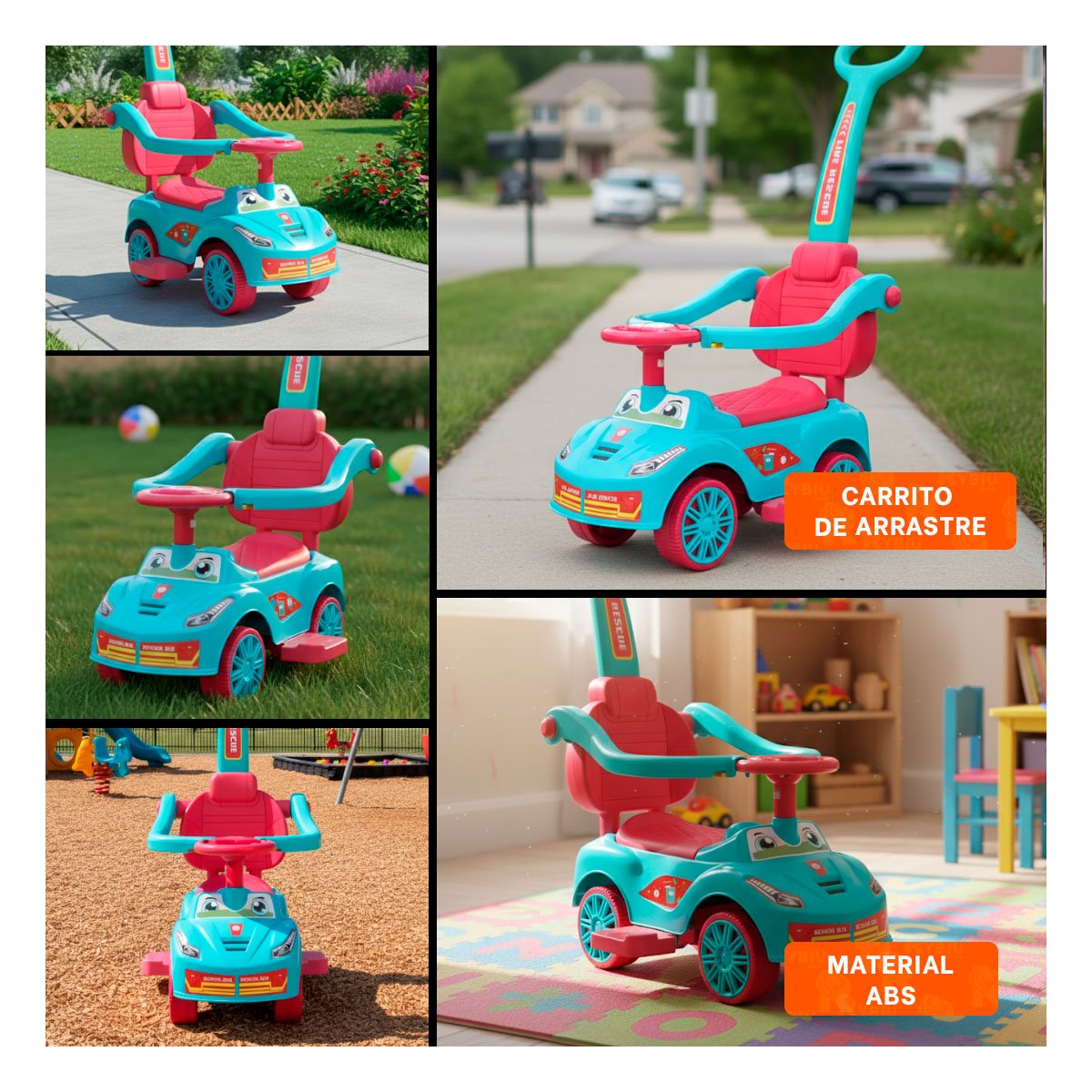 PACK2 VEHICULO DE JUGUETE CON MANGO DE EMPUJE COLORES CELESTE Y FUCSIA Y+PAPEL REGALO - 3