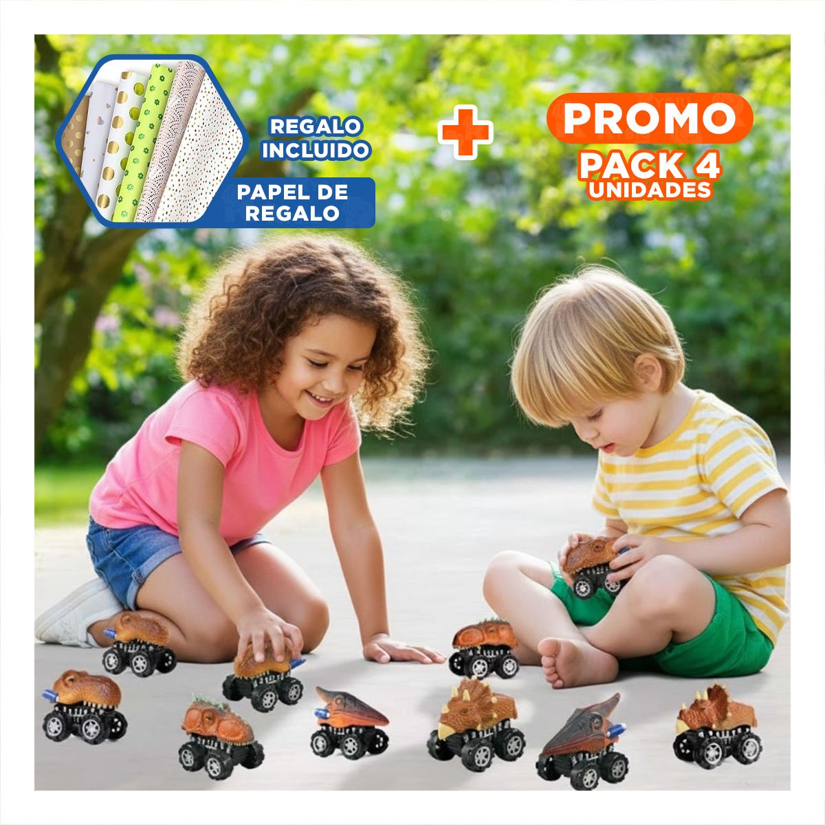PACK4 JUEGO DIDACTICO DINO SET 4 Y 2 CARRO Y MOTO CREATIVO Y+PAPEL REGALO - 1