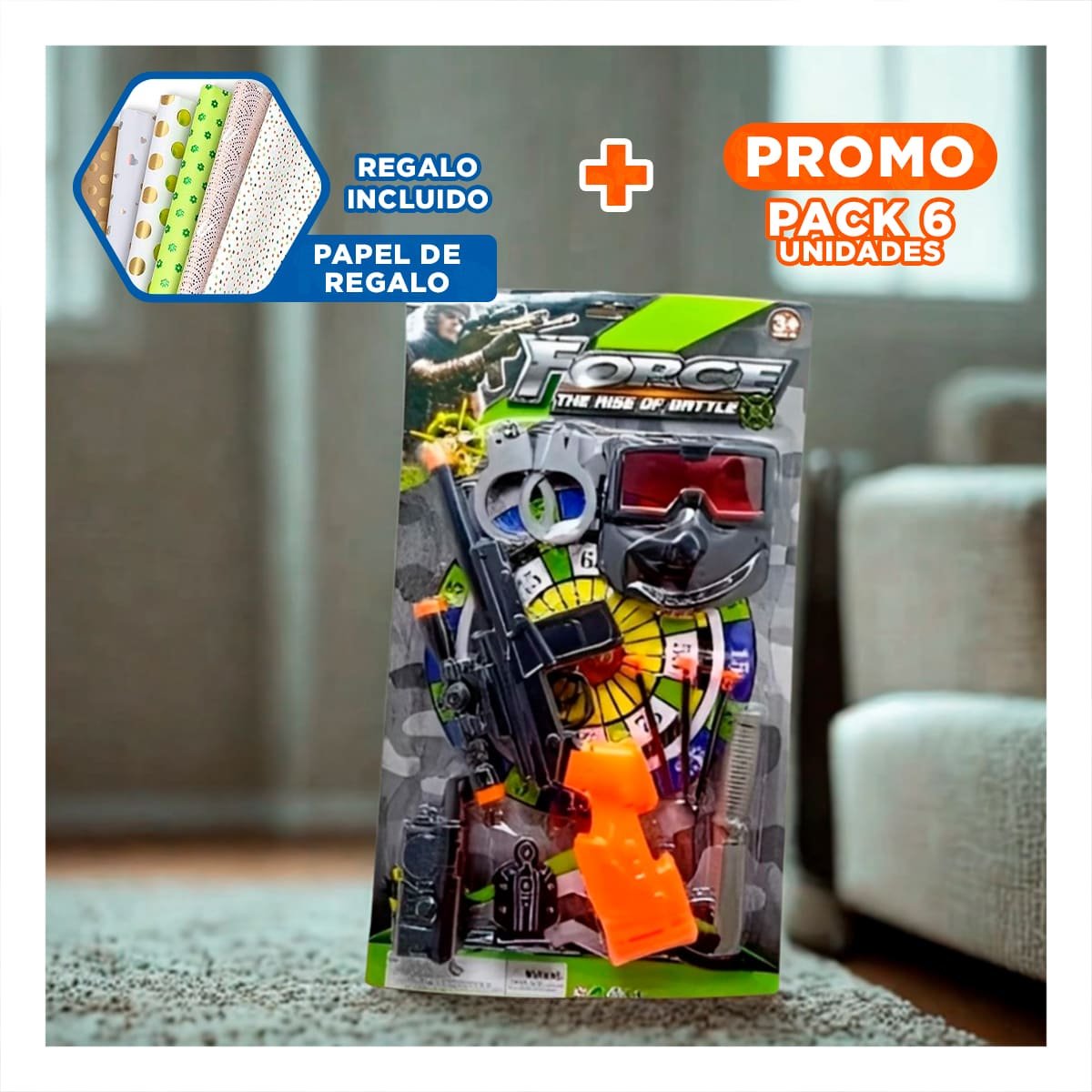 PACK6 KIT DE BLASTER DE DIVERSION CON MASCARA Y ACCESORIOS MANGO ANARANJADO Y+PAPEL REGALO - 1